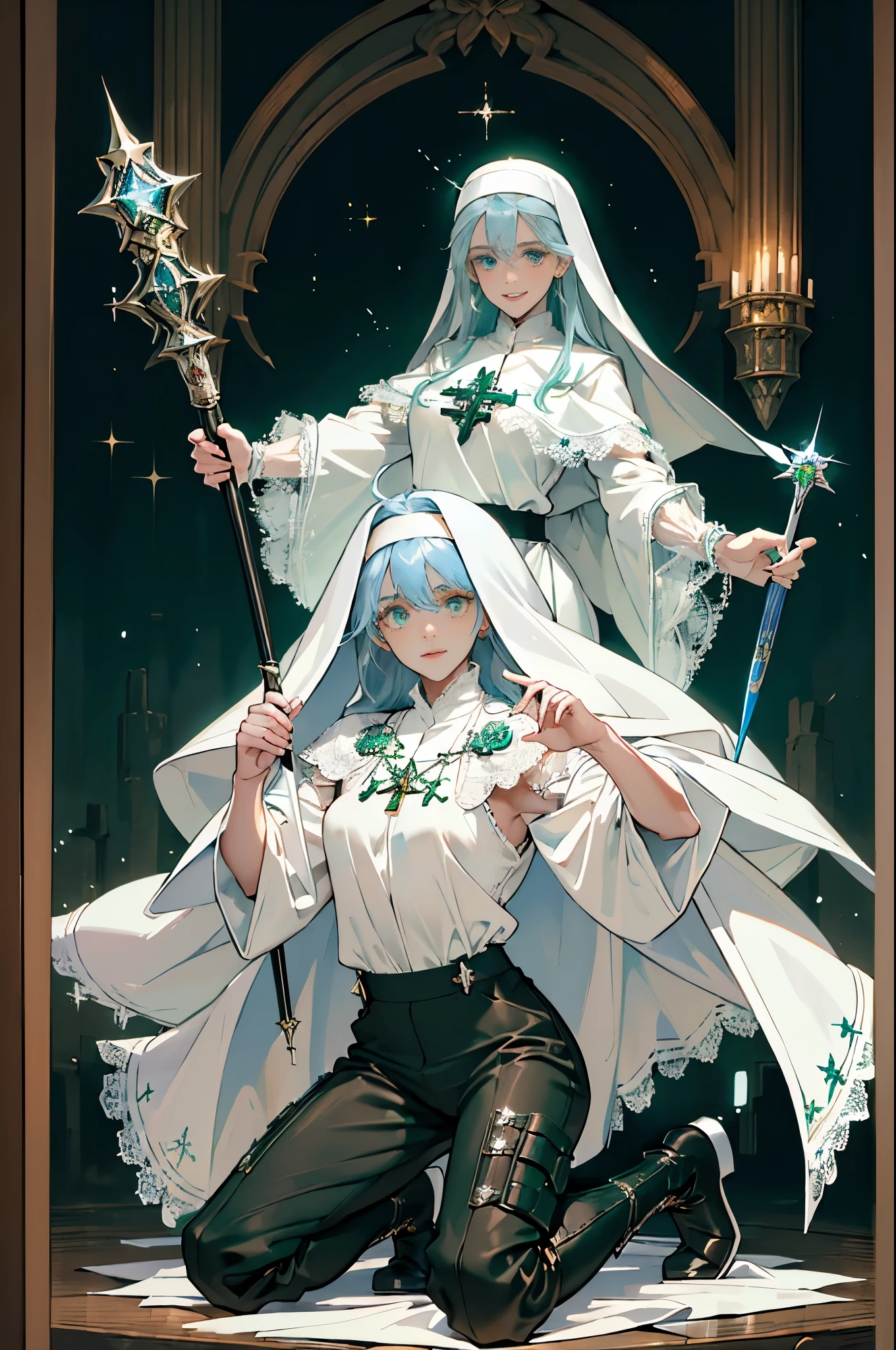 masterpiece, ultra detailed, 8k portrait, RAW photo, portrait photography, Highly detailed face, beautiful and meticulous eyes, ((Fantasy)), Young beautiful, smile, (((Nun))), (((((dynamic pose))))), ((light blue long thin hair)), ahoge, forehead, Gentle face, White skin, (((green and white puffy sleeve lace priest robes))), ((brown cape)) Fluttering in the wind, (((lowleg kneel length pants))), Leather boots, ((((equip a magic wand)))), Midday Sun, Hyper realistic, Body model, Small breasts, Beautiful breasts, Long legs, in the medieval adventurer's INN, Ambient lighting, Shadow details, Camera focus on face, strong breeze, Light fog