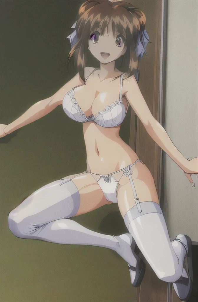 look, 1 girl, alone, hair ribbon, In underwear,white ruffle bra,white panties, clock, garter strap, Thighhighs, teeth, closed one eye, open your mouth, 1990s (style), cleavage, 視聴者をlookいる, jump,whole body,, retro artstyle, smile 