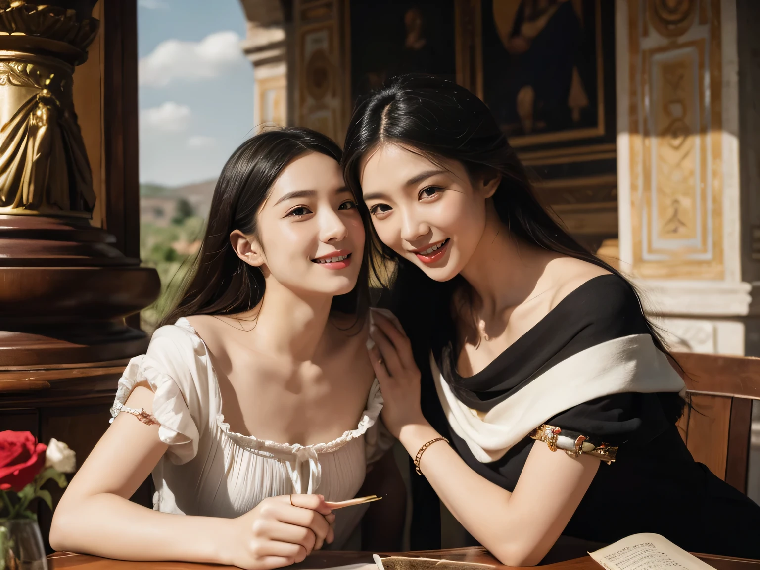 Giorgione painting style,Arguments of two female Philosophe,math、astronomical machine、astronaut、roses in vase、fruits、Cute trinkets、smile、ancient greek costume、Ancient Roman landscape in the style of Nicolas Poussin,laughter,,Sweet and seductive appearance.、Caravaggio's paintings、Chiaroscuro of Caravaggio、hair tousled by the wind,Two women frolicking,cute smile, expression of ecstasy,Sexy,erotic