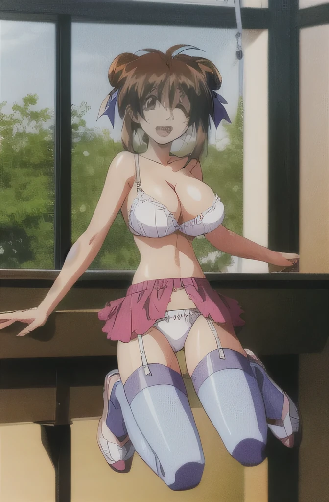 look, 1 girl, alone, hair ribbon, In underwear,white ruffle bra,white panties, clock, garter strap, Thighhighs, teeth, closed one eye, open your mouth, 1990s (style), cleavage, 視聴者をlookいる, jump,whole body,, retro artstyle, smile
