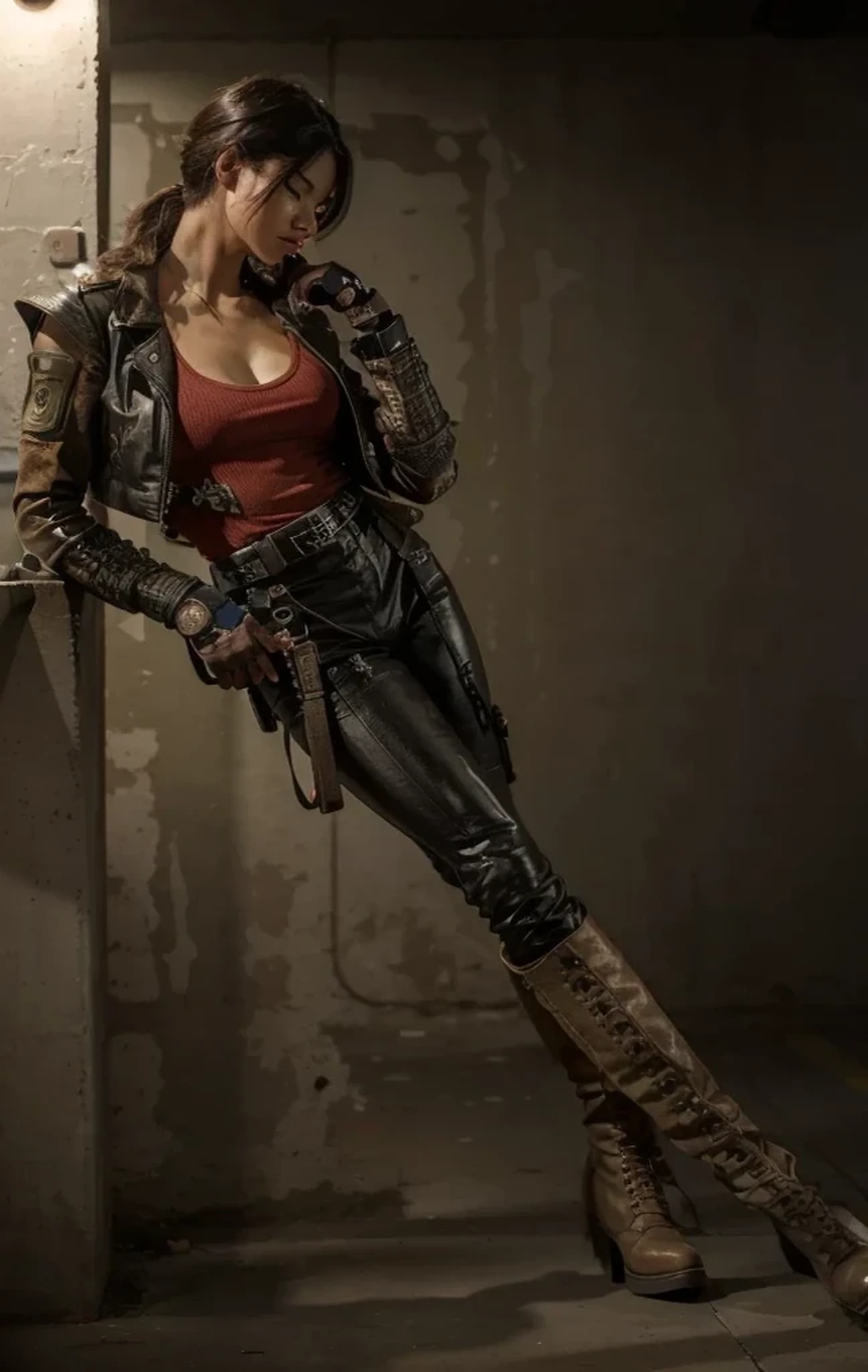 beautiful female soldier, profile face, very beautiful Japanese woman features, short straight black hair, muscular body, tattoos, sleeveless black leather jacket, purple tank top with great neckline, metal wrist guards, tactical gloves, very leather pants tight, long military boots, holding a gun, belt with ammunition and holsters, she is leaning on a concrete column, she is inside a concrete bunker, red advanced computer screens, tubes and cables on the walls, image with light faint, image in reddish tones, 4k, ultra detailed image, realistic, very detailed, perfect composition, splendid, intricately detailed, incredibly detailed, art photography 8k, hyper detailed, Masterpiece, ultra detailed, hyper realistic, 4k, ultra detailed image, realistic, highly detailed, perfect composition, splendid, intricately detailed, incredibly detailed, Artistic photography in 8k, hyper detailed