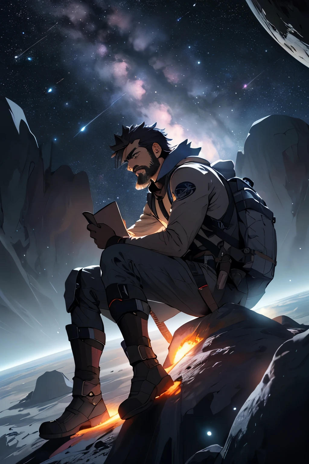 Desenhe um jovem programador, sitting on a research platform floating in the middle of an asteroid belt. He is studying with a notebook, surrounded by several asteroids glowing with fiery auras. Dramatic lighting from distant stars and planets illuminates the scene, casting deep shadows on the costume. O jovem parece confiante e determinado, Looking at the vast and mysterious universe with wonder and respect,facial hair, tiro de vaqueiro, e um cabelo cacheado