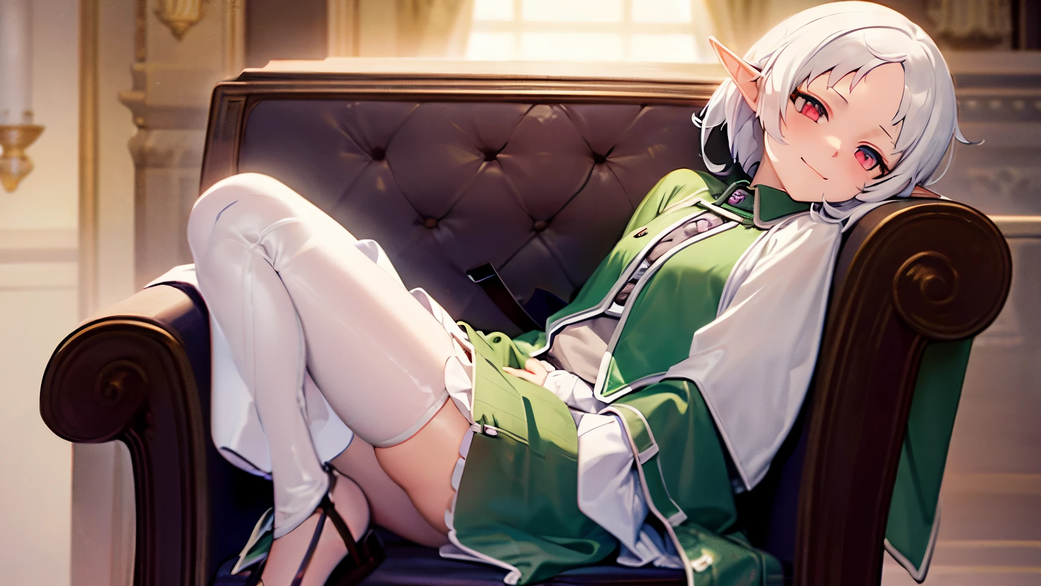 a cute character with a shy smile named Sylphie with elf-like ears and white short hair, the eyes are red colored with black pupils. The character is wearing a white long-sleeve shirt and a brown skirt, is sitted on a chair amidst a serene and beautifully illuminated room while she holds an elf baby with light brown hair, inside blankets on her arms. Mushoku Tensei. anime style masterpiece. Ultra HD. Super Details. Best Quality