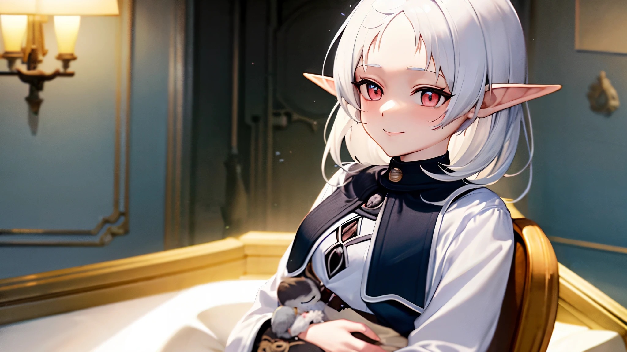 a cute character with a shy smile named Sylphie with elf-like ears and white short hair, the eyes are red colored with black pupils. The character is wearing a white long-sleeve shirt and a brown skirt, is sitted on a chair amidst a serene and beautifully illuminated room while she holds an elf baby with light brown hair, inside blankets on her arms. Mushoku Tensei. anime style masterpiece. Ultra HD. Super Details. Best Quality