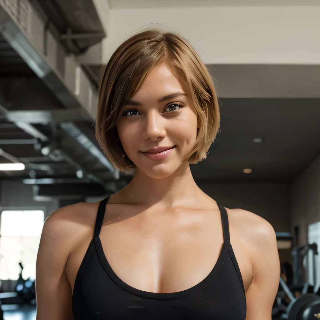 Realistisch, Foto-Shooting, girl, pretty, Short bob haircut just above the shoulders, Blick auf die Kamera, Kopf und Schultern, blonde, Seitenteil, Kein Pony, smiling, Modell, Fachmann, Training im Fitnessstudio, Full body show, 