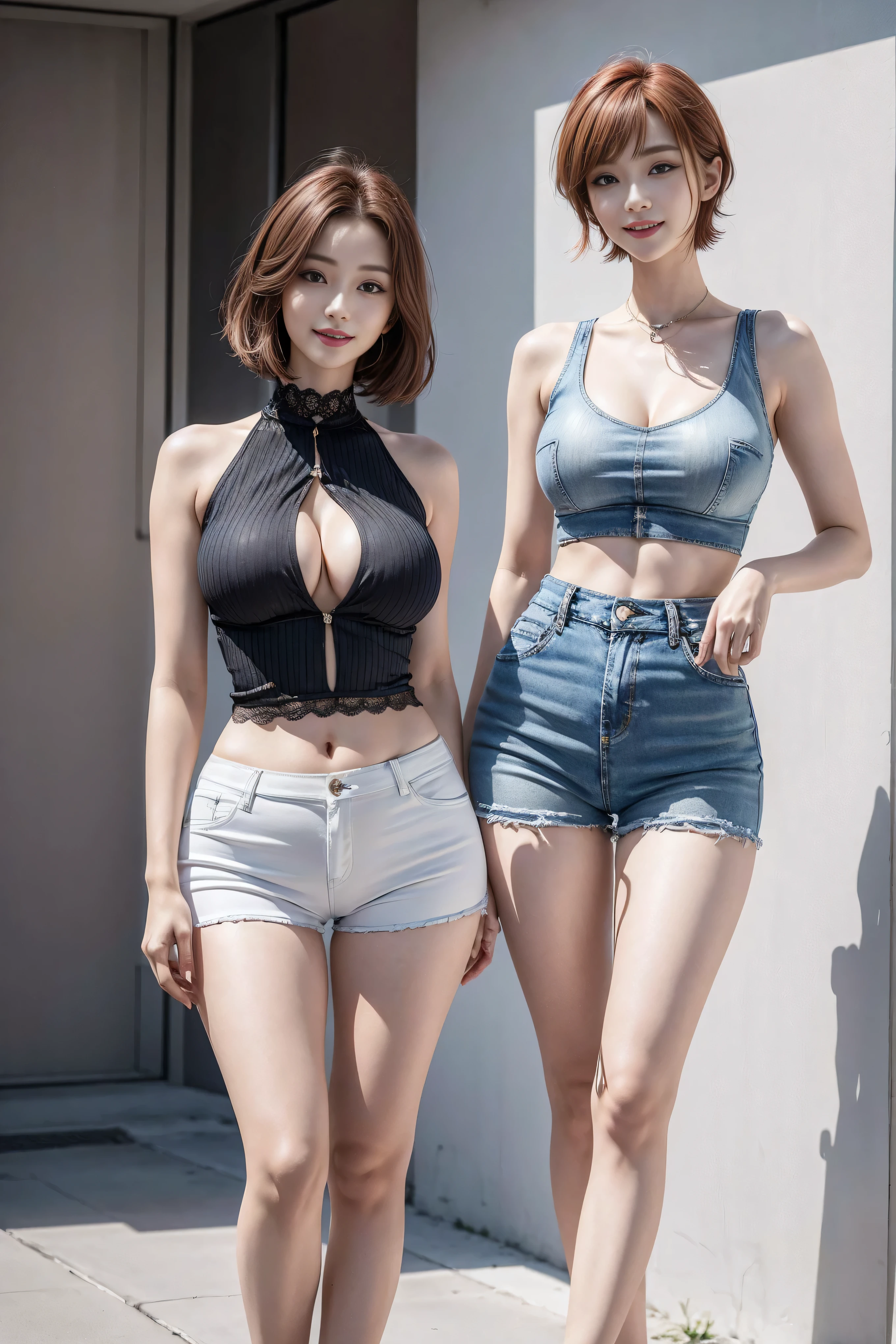 8k, masterpiece, original photo, best quality, lifelike,Extremely detailed CG unified 8k, 8k, diamond, and wallpaper, depth of field, Light, 镜头Light晕, Light线追踪, super sexy maria dress （low cut、Tight （ultrashort，denim hot pants）），((Full body female love)),((long legs)),（Thigh clearance：1.5），（big ass，wide hips），beautiful korean girl, kpop idol, 1 girl, (very slim and slender muscular body:1.3), ((view viewer)),(bright smile:1.3),（big ass，wide hips），（（white blouse：1.5） open collar vest）， short hair, Red hair， lifelike， photography， （high resolution）， （realistically：1.4）， （very complicated）， （Exquisite details）， Very detailed， high resolution， original， Extremely detailed 8k wallpaper， best quality， Detailed faces， super detailed， original photogr， realistically， (extremely beautiful face, beautiful lips, beautiful eyes), complex and detailed face, ((Skin is super delicate)，（low cut、Tight （Super denim shorts）），((大long legs)),（Thigh clearance：1.5），（big ass，wide hips）， (view viewer:1.3) short hair, Red hair，open breast, very slim, medium breasts， underwear，body proportions