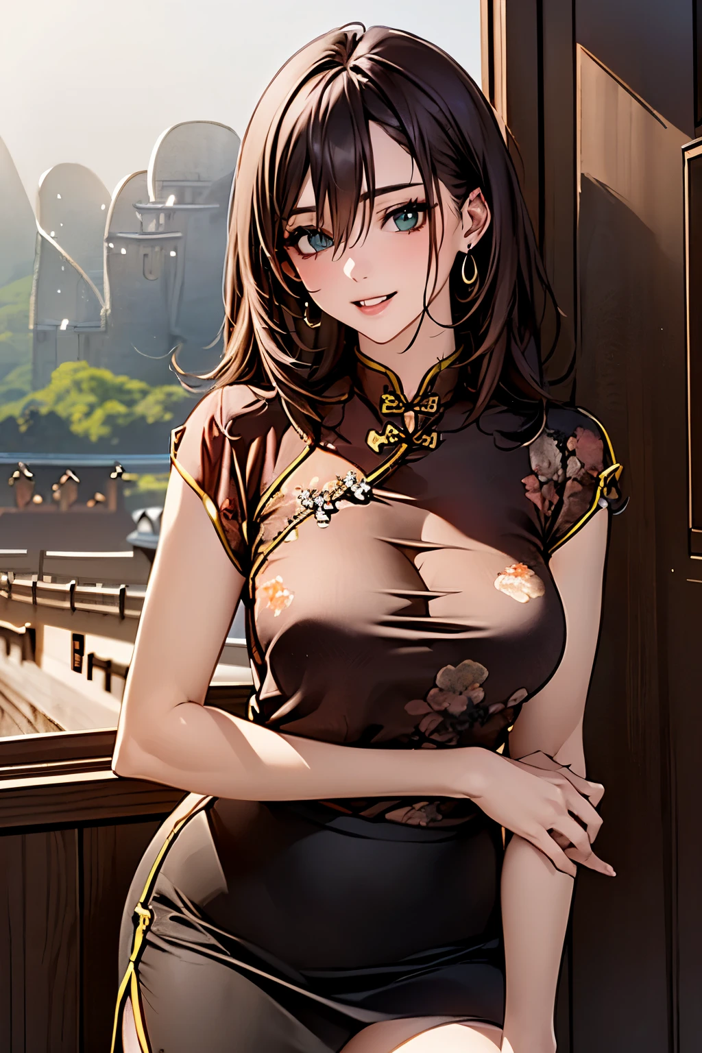 (masterpiece:1.2, highest quality), (realistic, photorealistic:1.4), beautiful illustrations, (natural side lighting, movie lighting),
looking at the viewer, face focus, Upper body, 1 female, Japanese, perfect face, perfect body, Cute symmetrical face, shiny skin, baby face, medium breasts:1.4
((medium hair:1.4, light brown hair)), hair between eyes, emerald green eyes, seductive thighs, thin,
beautiful hair, beautiful face, thin and beautiful eyes, beautiful clavicle, beautiful body, beautiful breasts, beautiful thighs, beautiful feet, beautiful fingers,
(((china blouse:1.4), black tight skirt)),
(beautiful scenery), evening, (office), Are standing, (cute smile, Upper grade),