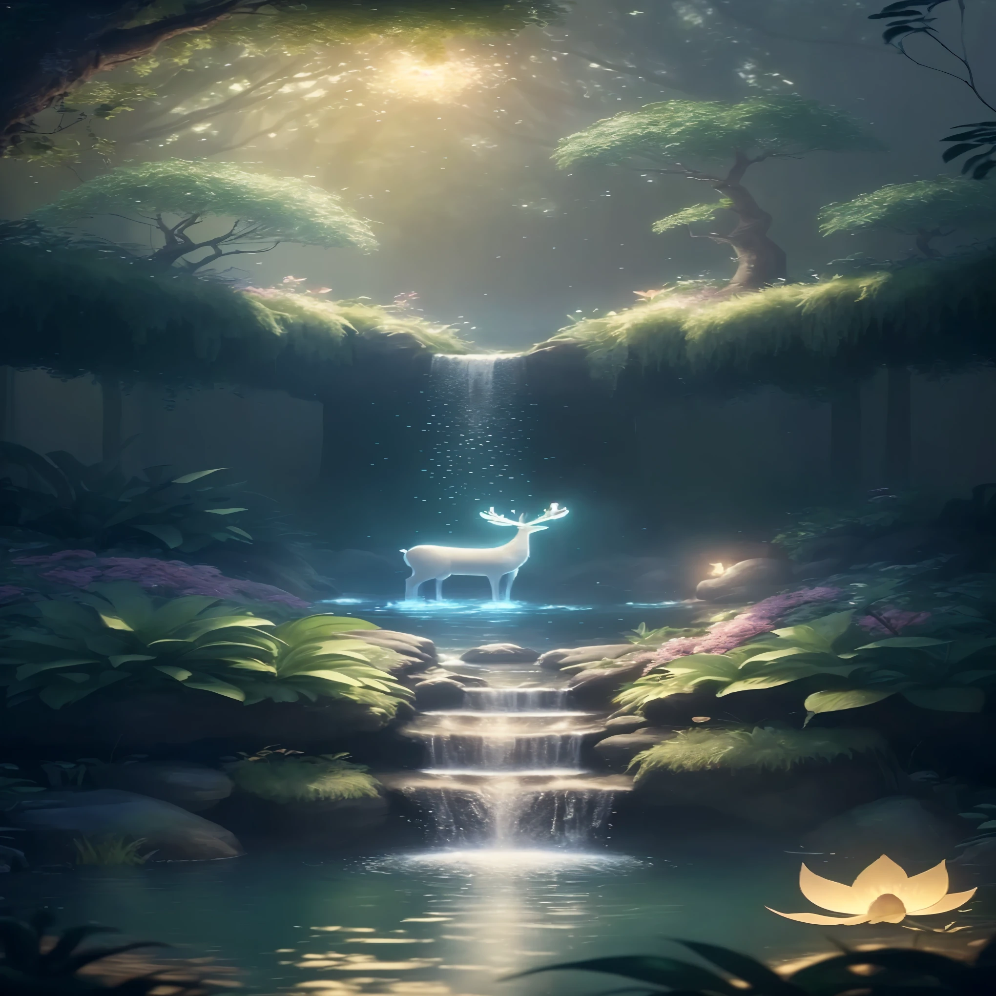 Meisterwerk, best quality, (Sehr detailliertes CG Unity 8K-Hintergrundbild), (best quality), (Beste Illustration), (Beste Schatten), Glühsprite, mit einem leuchtenden Hirsch, im Schwimmbad Trinkwasser, natural elements in the forest theme. Geheimnisvoller Wald, Beautiful forest, Natur, umgeben von Blumen, delicate leaves and branches surrounded by fireflies (natural elements), (Dschungelthema), (leaves), (Zweigfliegen), (Partikeleffekte) usw. 3D , Oktanwiedergabe, Raytracing, super detailliert --v6