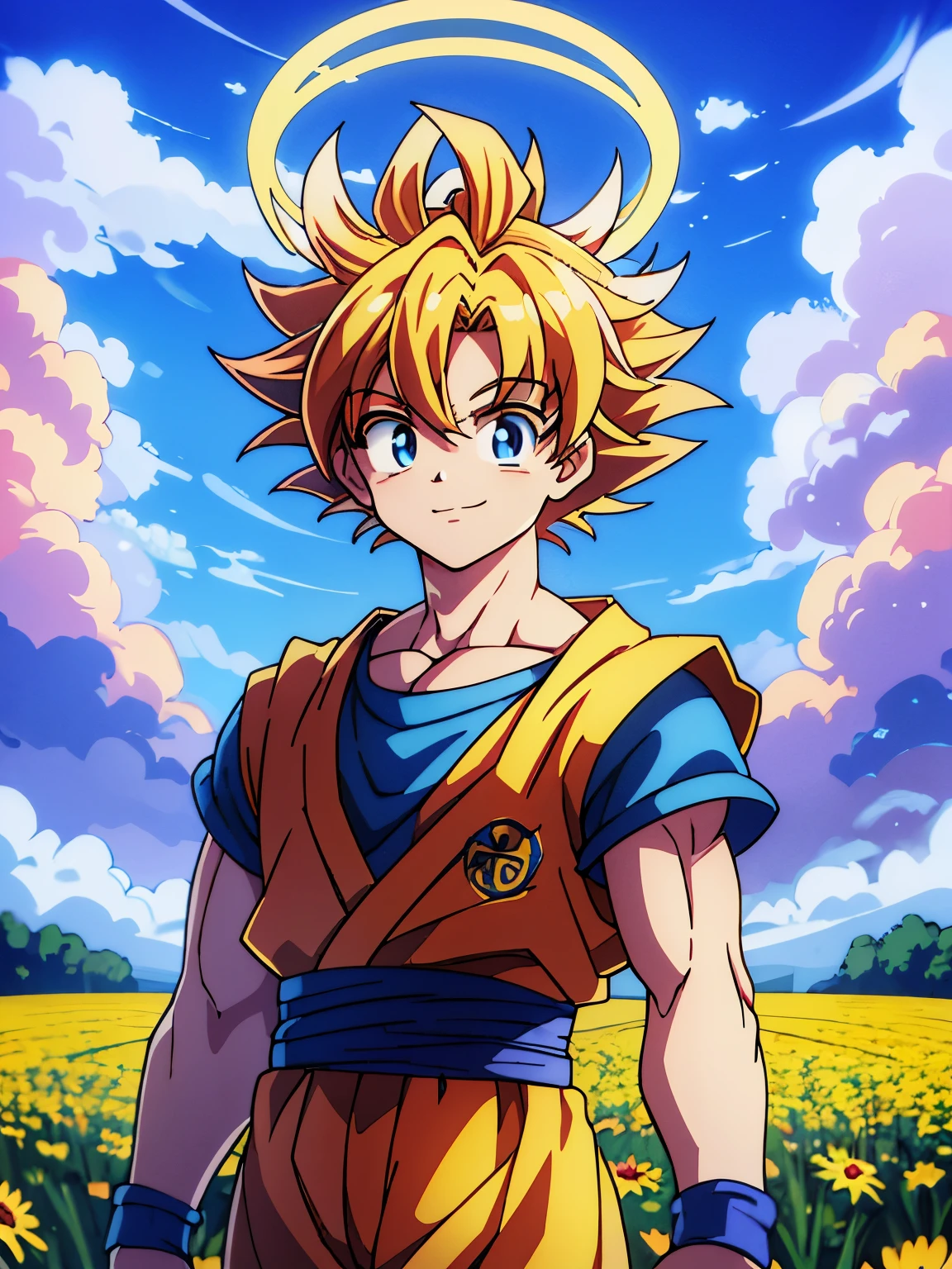 masterpiece, highest quality, High resolution,Extreme detail, masterpiece, anime_style, (one boy):10,Goku,halo, Halo, bright smile, flower field