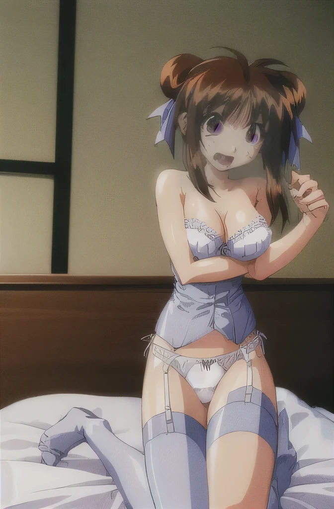 look, 1 girl, alone,bed, hair ribbon, In underwear,white ruffle bra,white panties, clock, garter strap, Thighhighs, teeth, closed one eye, open your mouth, 1990s (style), cleavage, 視聴者をlookいる, jump,whole body,, retro artstyle, troubled face,
