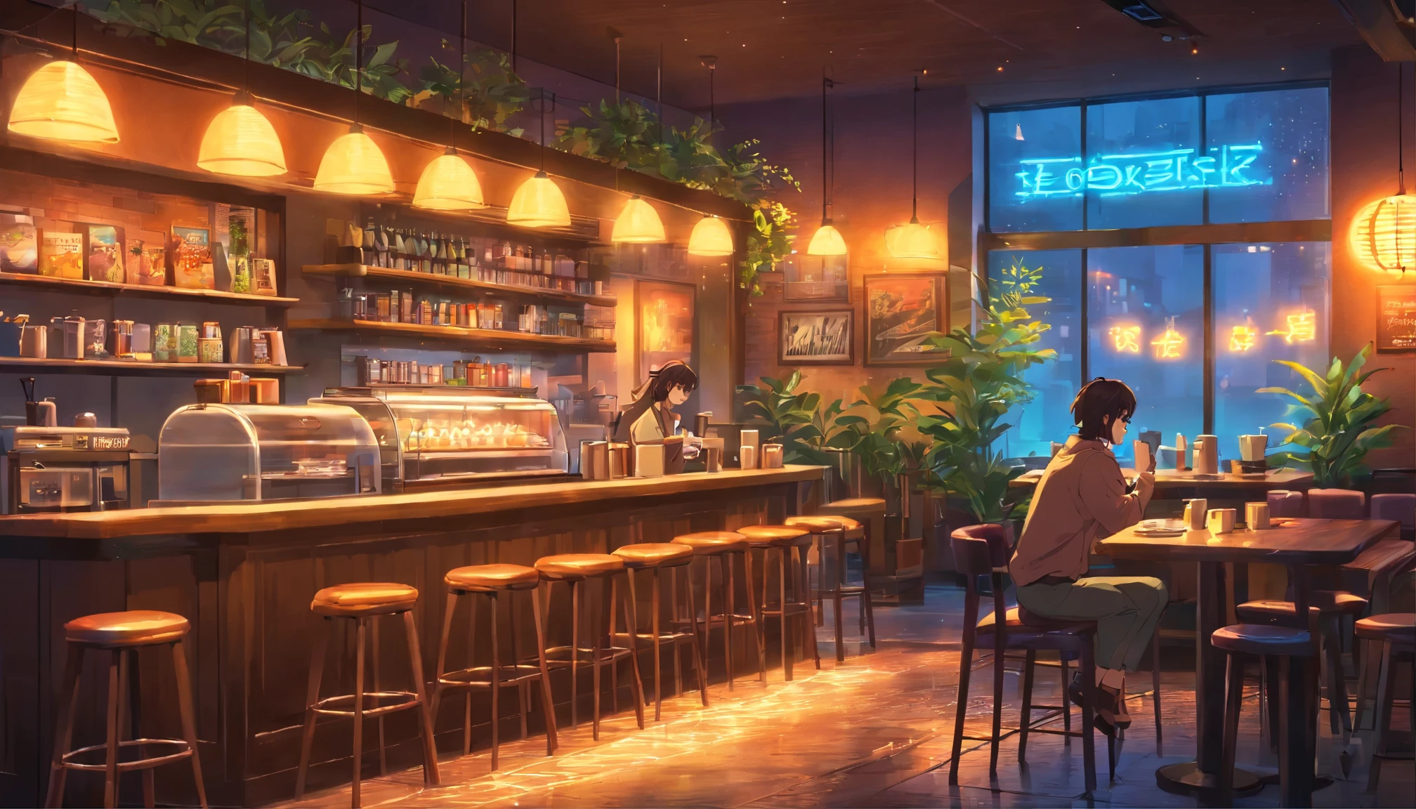 (neon-lit night scene),(low-fi coffee shop),(vibrant colors),(detailed coffee cup),(reflections on the table), (nostalgic vibes), (artistic painting style),(cozy atmosphere), (realistic textures), (coffee aroma in the air), (people chatting and laughing), (street view), (soft shadows), (dark alleyway), (city lights), (rainy weather), (raindrops on the windowpane), (blurred background), (decorative interior design), (aesthetic vibe), (indoor plants), (glowing neon sign), (barista preparing coffee), (smoke from the coffee machine), (an artistic slow-paced moment), (customers enjoying their drinks), (latte art), (music playing in the background), (steaming hot coffee),(floral patterned plates), (warm color tones), (cozy seating arrangement), (rustic wooden tables), (intimate ambiance), (bokeh lights), (candid moments captured), (artistic lighting effects), (dreamy atmosphere), (stylish bar counter), (traces of coffee spills), (artwork on the walls).