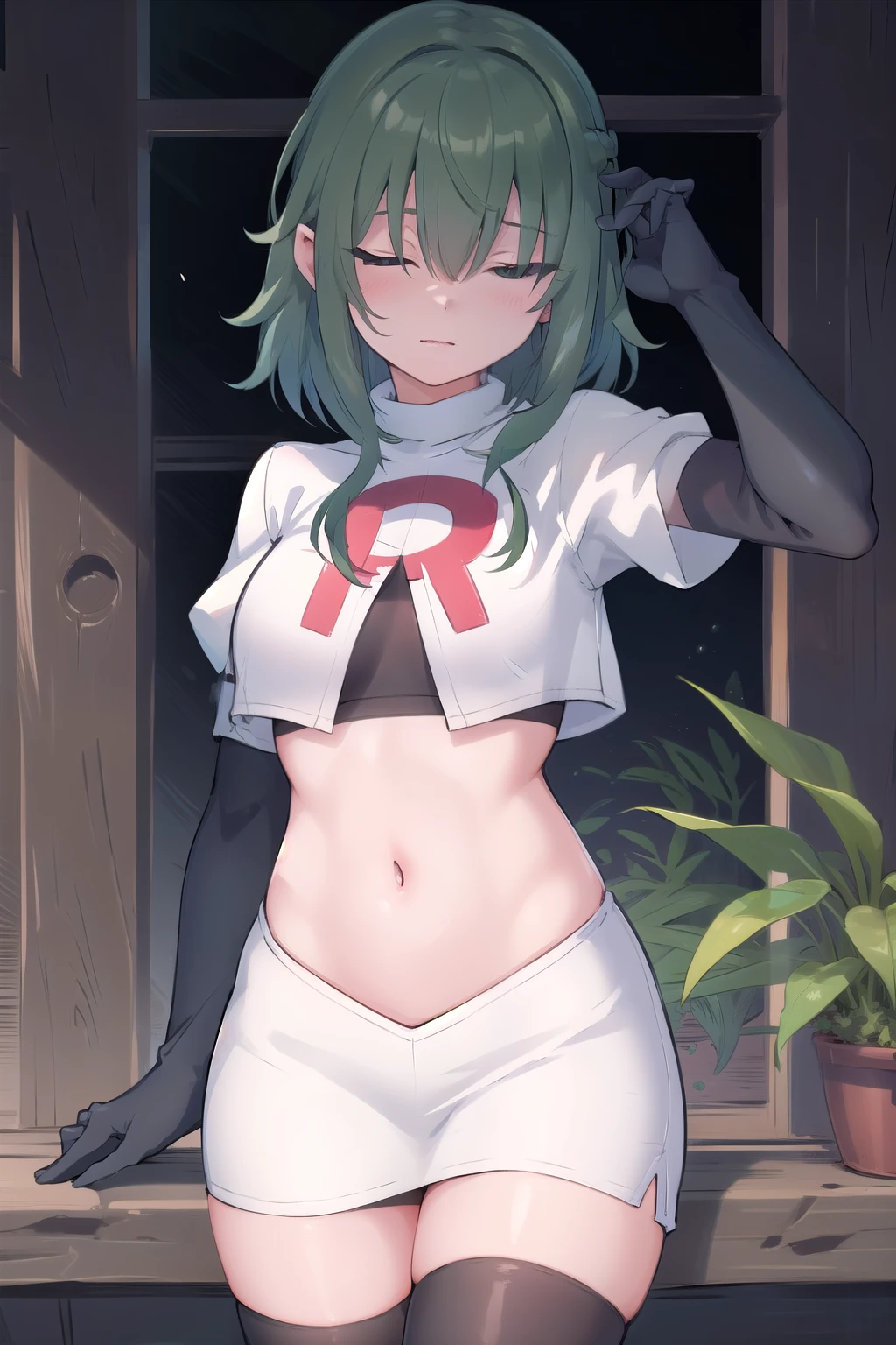 (masterpiece, best quality:1.2),illustration,8k,hd,1girl,solo,green hair,hair over eyes,ribbon,team rocket,team rocket uniform,white skirt,red letter R,crop top,black thigh-highs,black elbow gloves 