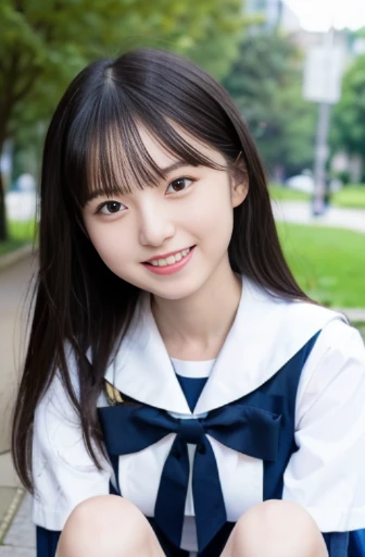 best quality, detailed, beautiful, insanely detailed, absurdres,perfect anatomy,
Japanese woman,black hair,27 years old,
(slender),
(small breasts),a kitty, a puppy, cheerful grin, squatting, wave hair, sailor uniform, in the park, cowboy shot, ground-level shot