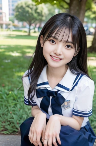 best quality, detailed, beautiful, insanely detailed, absurdres,perfect anatomy,
Japanese woman,black hair,27 years old,
(slender),
(small breasts),a kitty, a puppy, cheerful grin, squatting, wave hair, sailor uniform, in the park, cowboy shot, ground-level shot