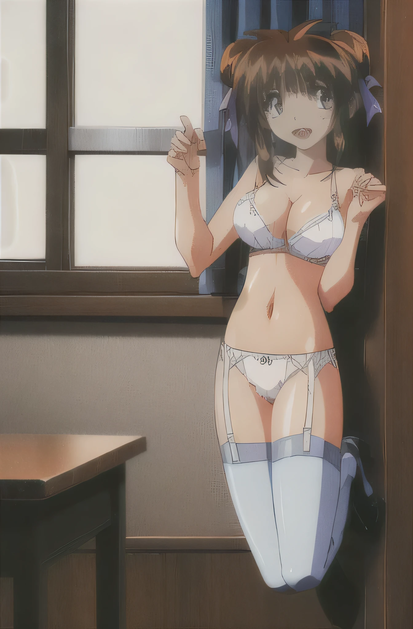 look, 1 girl, alone, hair ribbon, In underwear,white ruffle bra,white panties, clock, garter strap, Thighhighs, teeth, closed one eye, open your mouth, teeth無し,1990s (style), cleavage, 視聴者をlookいる, jump,whole body,, retro artstyle,