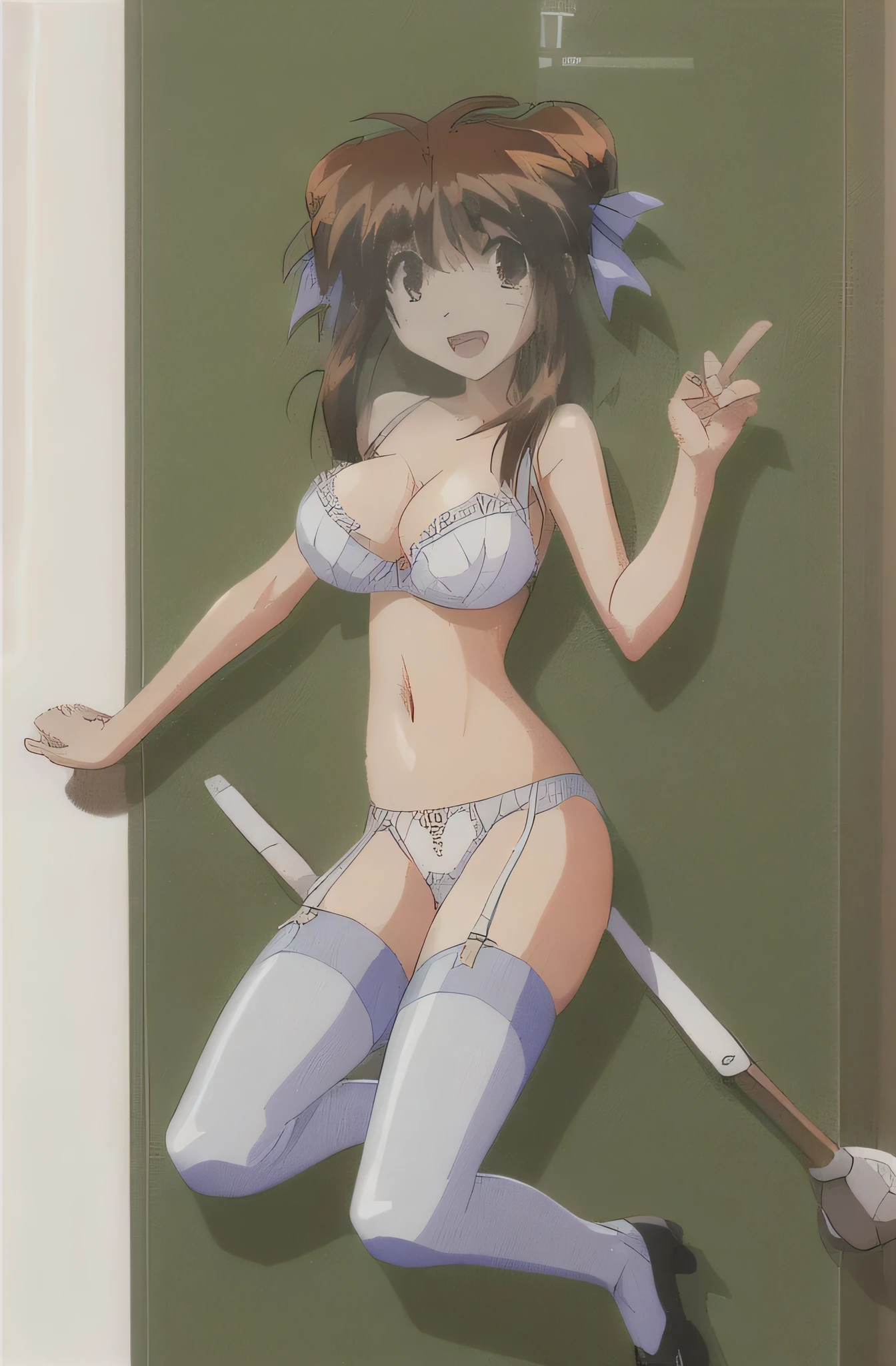 look, 1 girl, alone, hair ribbon, In underwear,white ruffle bra,white panties, clock, garter strap, Thighhighs, teeth, closed one eye, open your mouth, 1990s (style), cleavage, 視聴者をlookいる, jump,whole body,, retro artstyle,