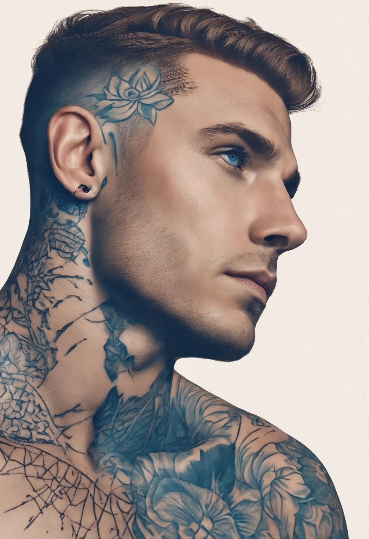 Male. 40's. Tan skin. Light blue eyes. light brown hair, undercut. Athletic build. Electricity scar on temple. slight stubble. tattooed shoulders and back. scars. prosthetic hands and feet; high tech. eyebrow piercing