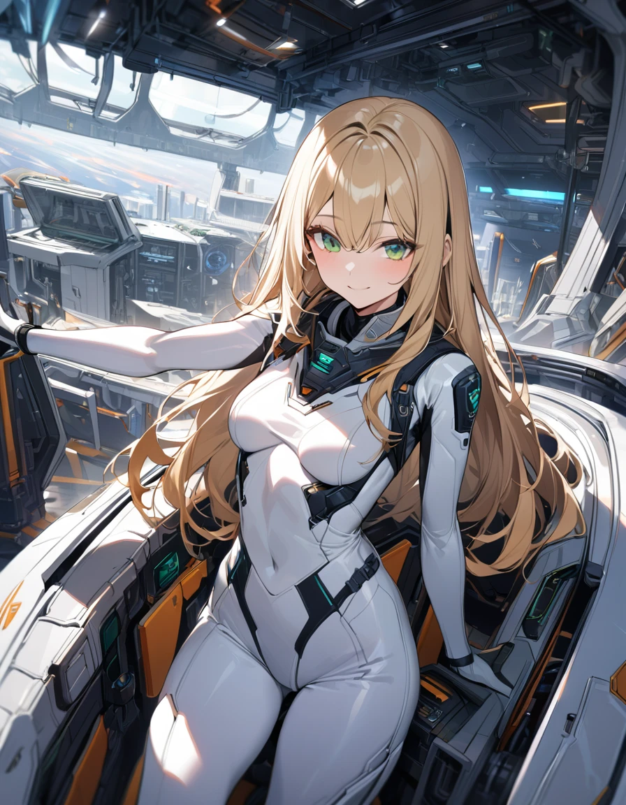 1girl,solo,Sala,original,blond hair,green eyes,white body suit,in space ship,Wearing reinforced armor,T pose,AR console,Science fiction,ultra-detailed,sharp focus,(best quality)