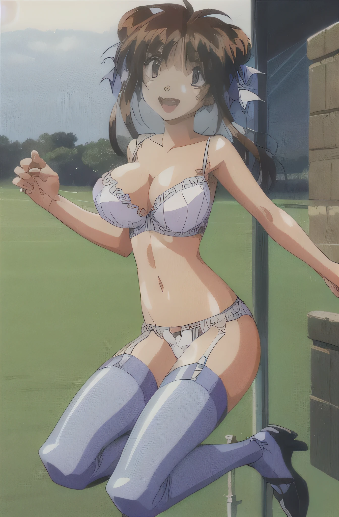look, 1 girl, alone, hair ribbon, In underwear,white ruffle bra,white panties, clock, garter strap, Thighhighs, teeth, closed one eye, open your mouth, 1990s (style), cleavage, 視聴者をlookいる, jump,whole body,, retro artstyle, smile