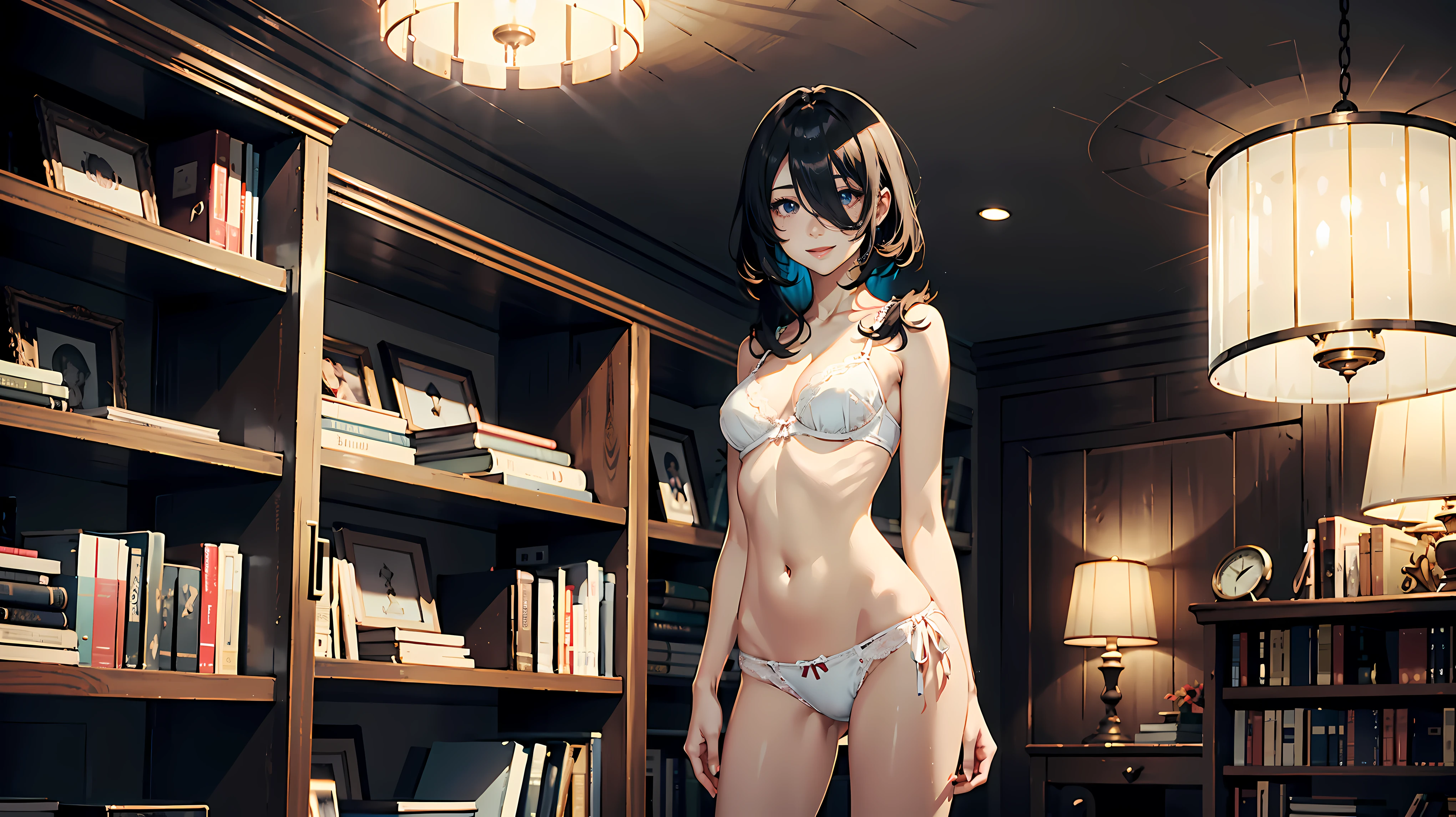 anime girl, 21 years old, short black hair, small breasts thin hips, tall, seductive smile, white bra, white panties, standing, library, bookcases, dramatic lighting, cinematic lighting, evening, nighttime