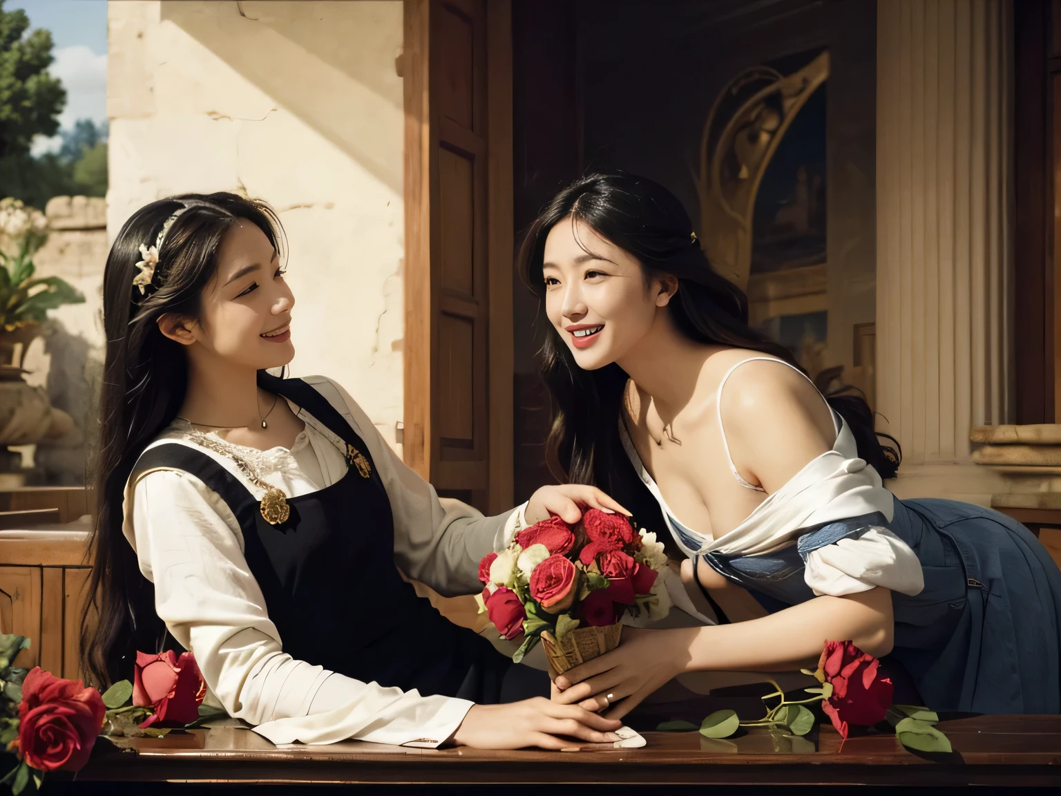Giorgione painting style,Arguments of two female Philosophe,math、astronomical machine、astronaut、roses in vase、fruits、Cute trinkets、smile、ancient greek costume、Ancient Roman landscape in the style of Nicolas Poussin,laughter,,Sweet and seductive appearance.、Caravaggio's paintings、Chiaroscuro of Caravaggio、hair tousled by the wind,Two women frolicking,cute smile, expression of ecstasy,Sexy,erotic