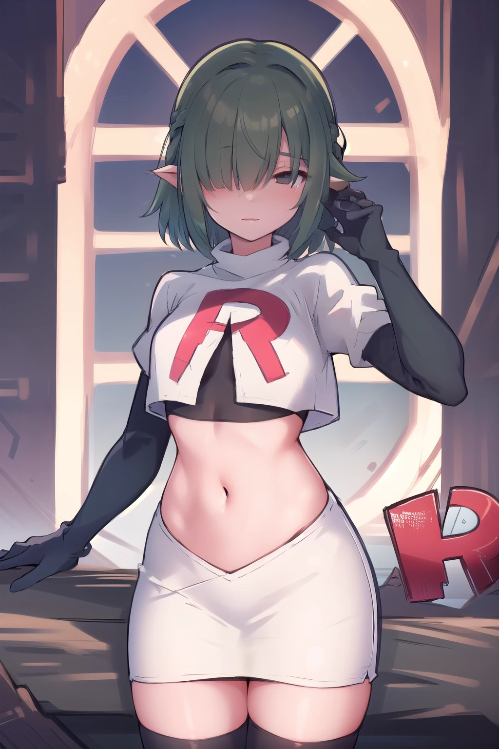 (masterpiece, best quality:1.2),illustration,8k,hd,1girl,solo,green hair,hair over eyes,ribbon,team rocket,team rocket uniform,white skirt,red letter R,crop top,black thigh-highs,black elbow gloves 