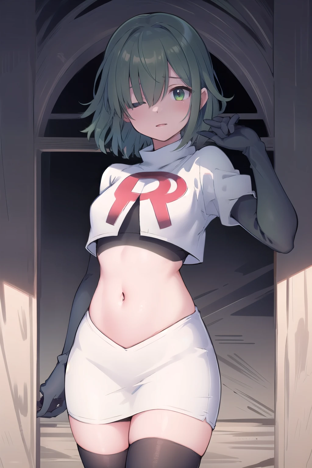 (masterpiece, best quality:1.2),illustration,8k,hd,1girl,solo,green hair,hair over eyes,ribbon,team rocket,team rocket uniform,white skirt,red letter R,crop top,black thigh-highs,black elbow gloves 