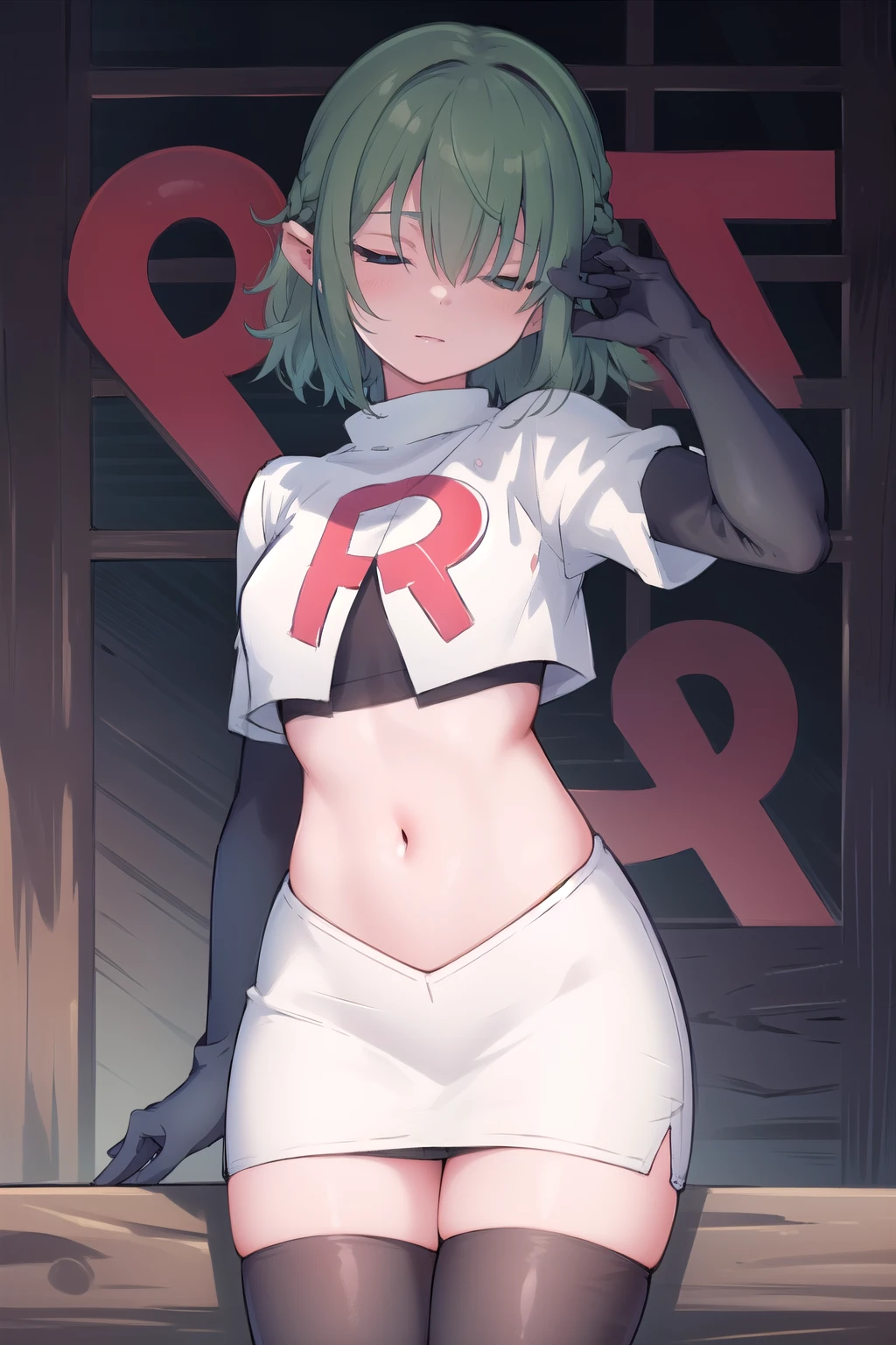 (masterpiece, best quality:1.2),illustration,8k,hd,1girl,solo,green hair,hair over eyes,ribbon,team rocket,team rocket uniform,white skirt,red letter R,crop top,black thigh-highs,black elbow gloves 