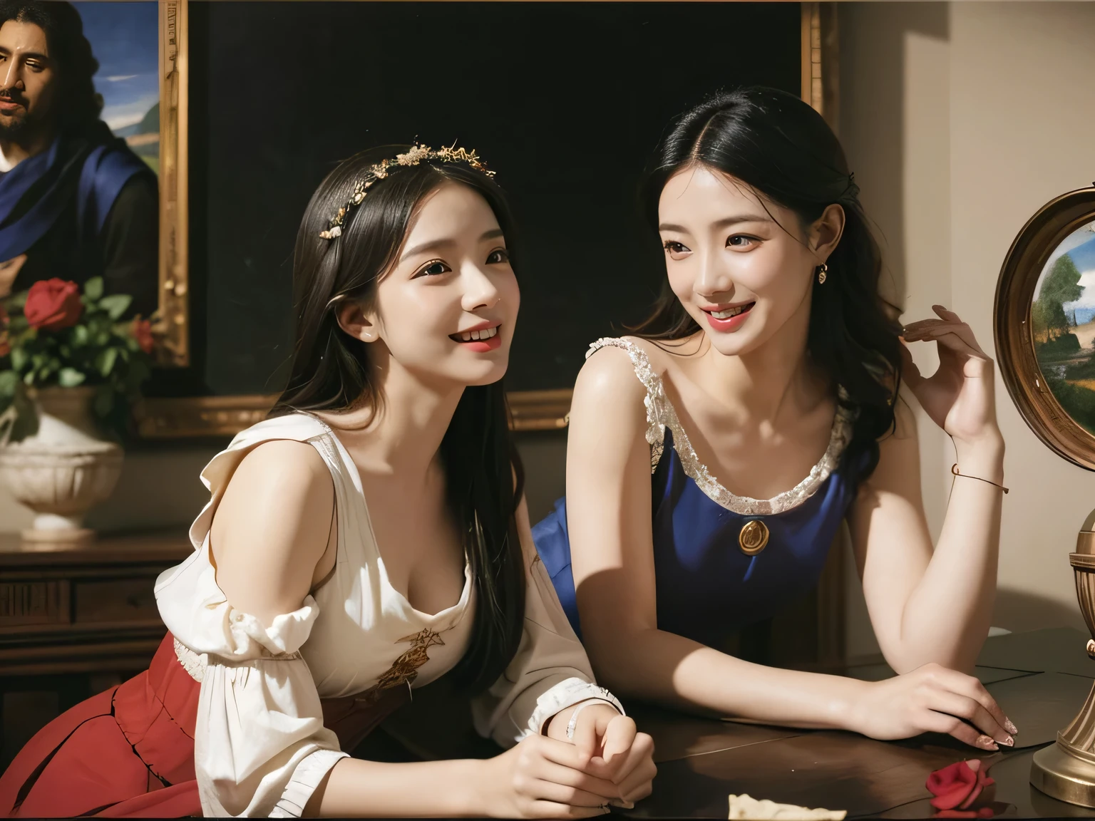 Giorgione painting style,Arguments of two female Philosophe,math、astronomical machine、astronaut、roses in vase、fruits、Cute trinkets、smile、ancient greek costume、Ancient Roman landscape in the style of Nicolas Poussin,laughter,,Sweet and seductive appearance.、Caravaggio's paintings、Chiaroscuro of Caravaggio、hair tousled by the wind,Two women frolicking,cute smile, expression of ecstasy,Sexy,erotic