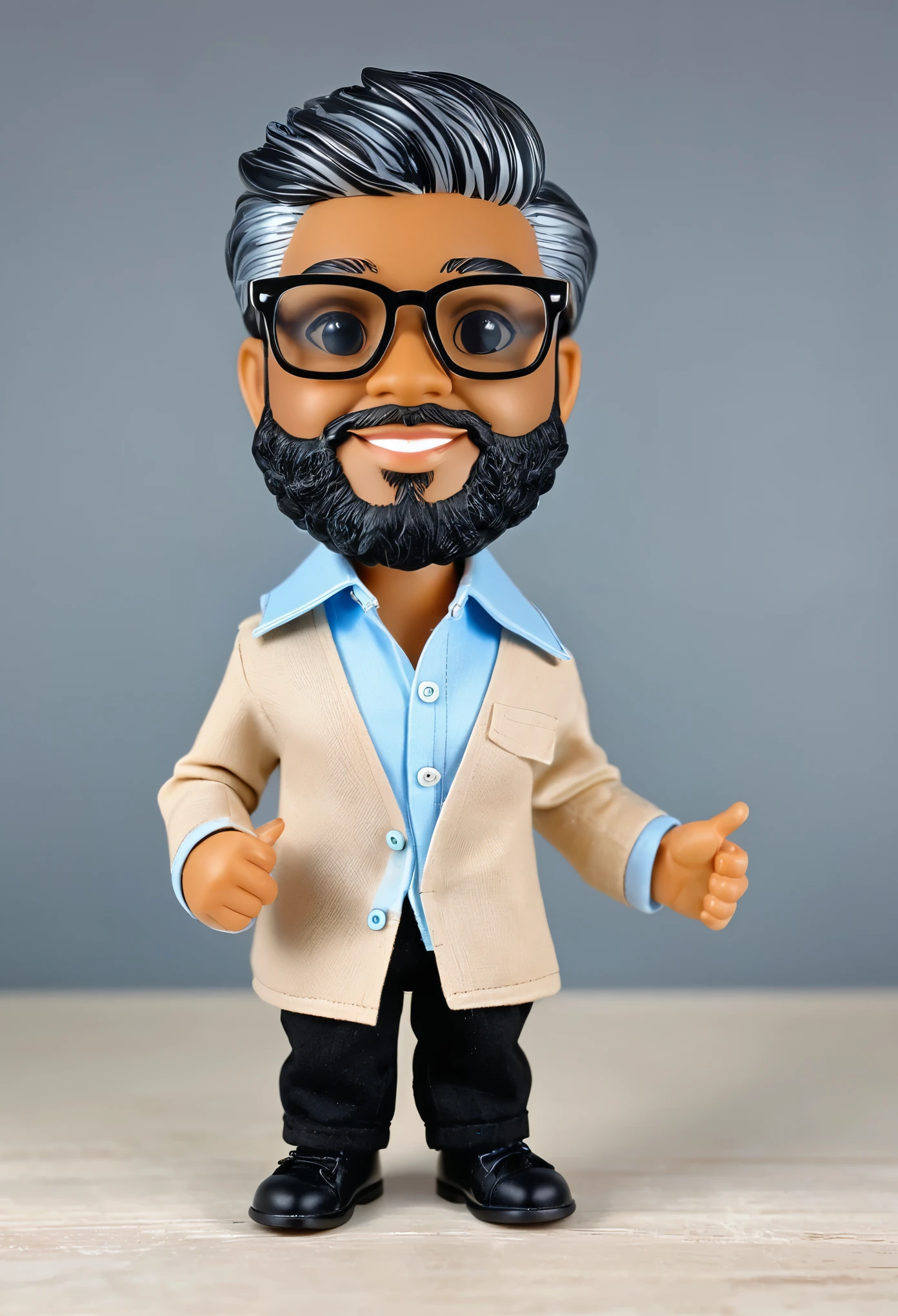Criar um funko gordinho de um jovem sorrindo, de pele morena, cabelo castanho escuro, cortado dos lados, Wearing Black Square Prescription Glasses, com cavanhaque discreto, wearing beige pants, white blouse underneath and light blue button-down shirt, open and untucked, com manga dobrada na altura dos cotovelos, one hand waving with the thumb and the other in the pocket. Fazer
