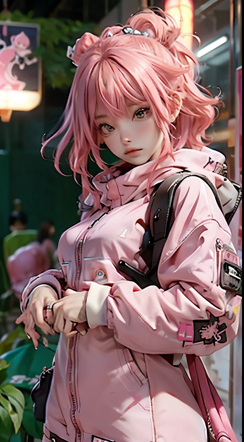 anime girl with pink hair with a backpack, she is wearing streetwear, with pink hair, portrait of jossi of blackpink, ulzzang, ((pink)), jossi of blackpink, lalisa manoban of blackpink, wearing cyberpunk streetwear, japanese streetwear, with long hair, anime girl in real life, casual pose, pink girl, tattoos, graffiti style, cute straight up pose wakiwaki
