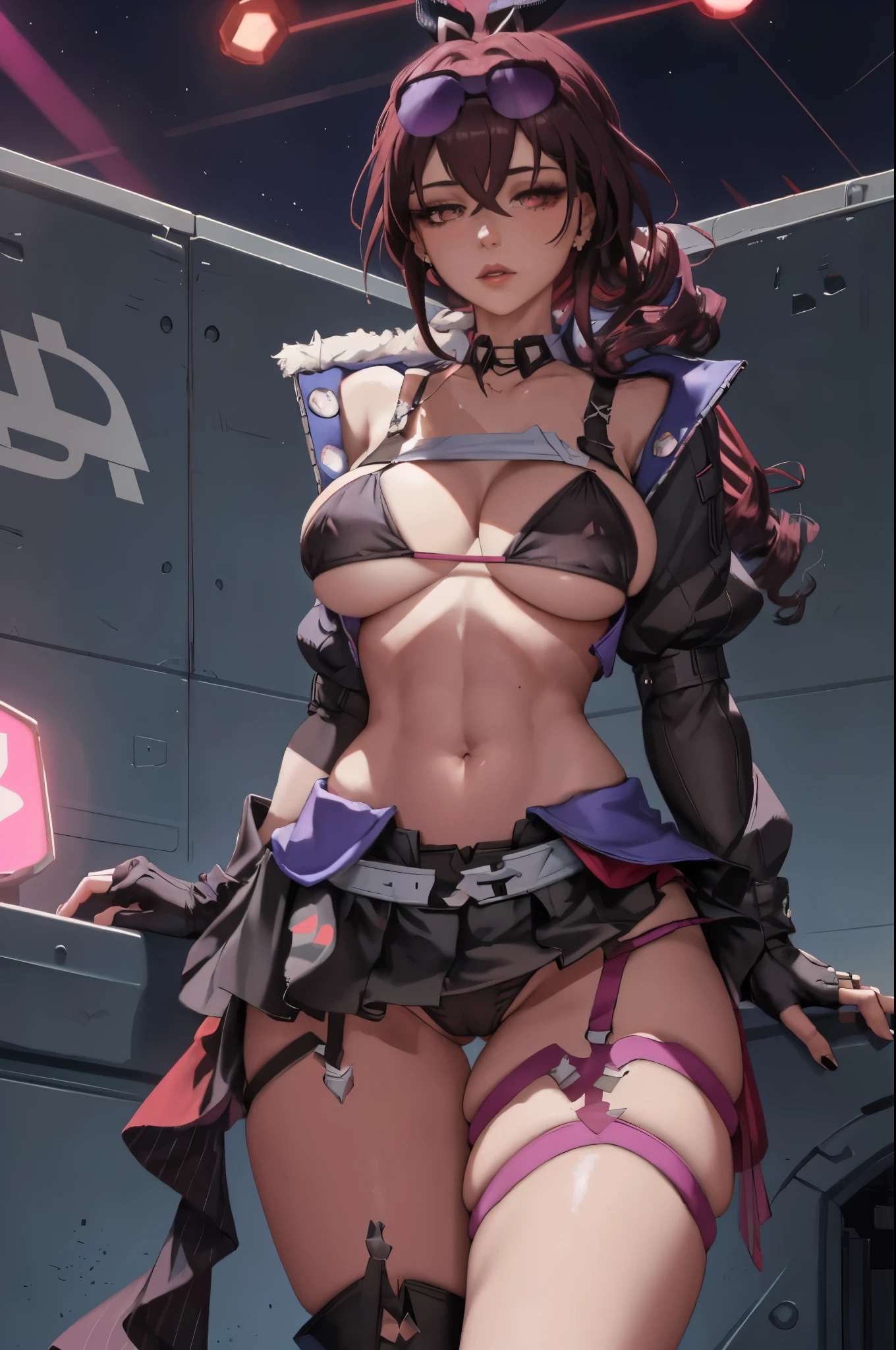 beautiful, (masterpiece:1.2), (best quality:1.2), perfect lighting, perfect eyes, perfect face, 1girl, bikini, bikini under clothes, black bikini, black choker, black gloves, black hair, black lips, black nails, black skirt, breasts, choker, cleavage, cropped jacket, cross, earrings, eyeliner, eyeshadow, fingerless gloves, gloves, hand on hip, highleg, highleg bikini, huge breasts, jacket, jewelry, lips, lipstick, long hair, makeup, microskirt, miniskirt, navel, open clothes, open jacket, red eyes, skirt, sleeves pushed up, solo, standing, striped, striped bikini, striped thighhighs, swimsuit, thighhighs, thighs, underboob