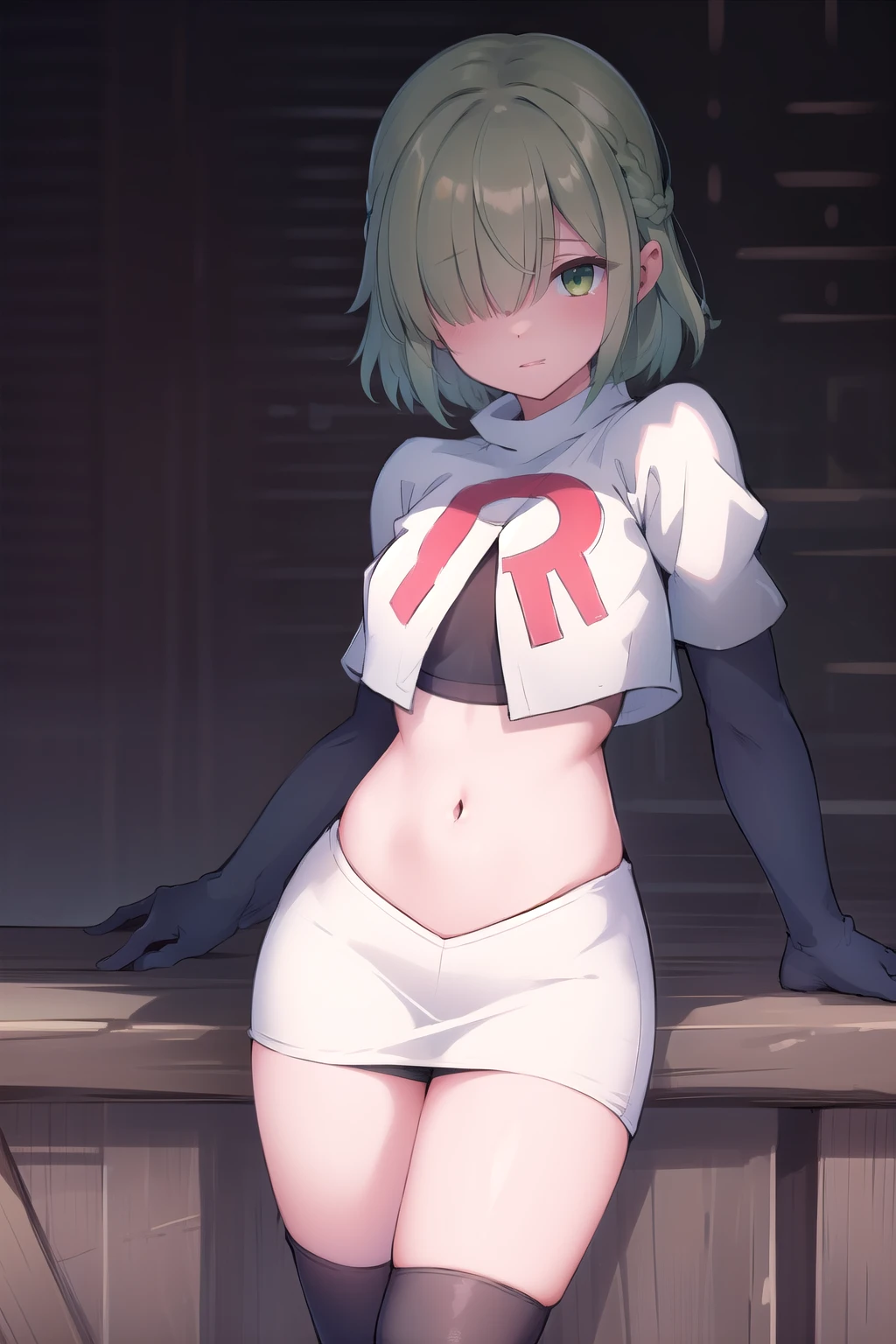 (masterpiece, best quality:1.2),illustration,8k,hd,1girl,solo,green hair,hair over eyes,ribbon,team rocket,team rocket uniform,white skirt,red letter R,crop top,black thigh-highs,black elbow gloves 