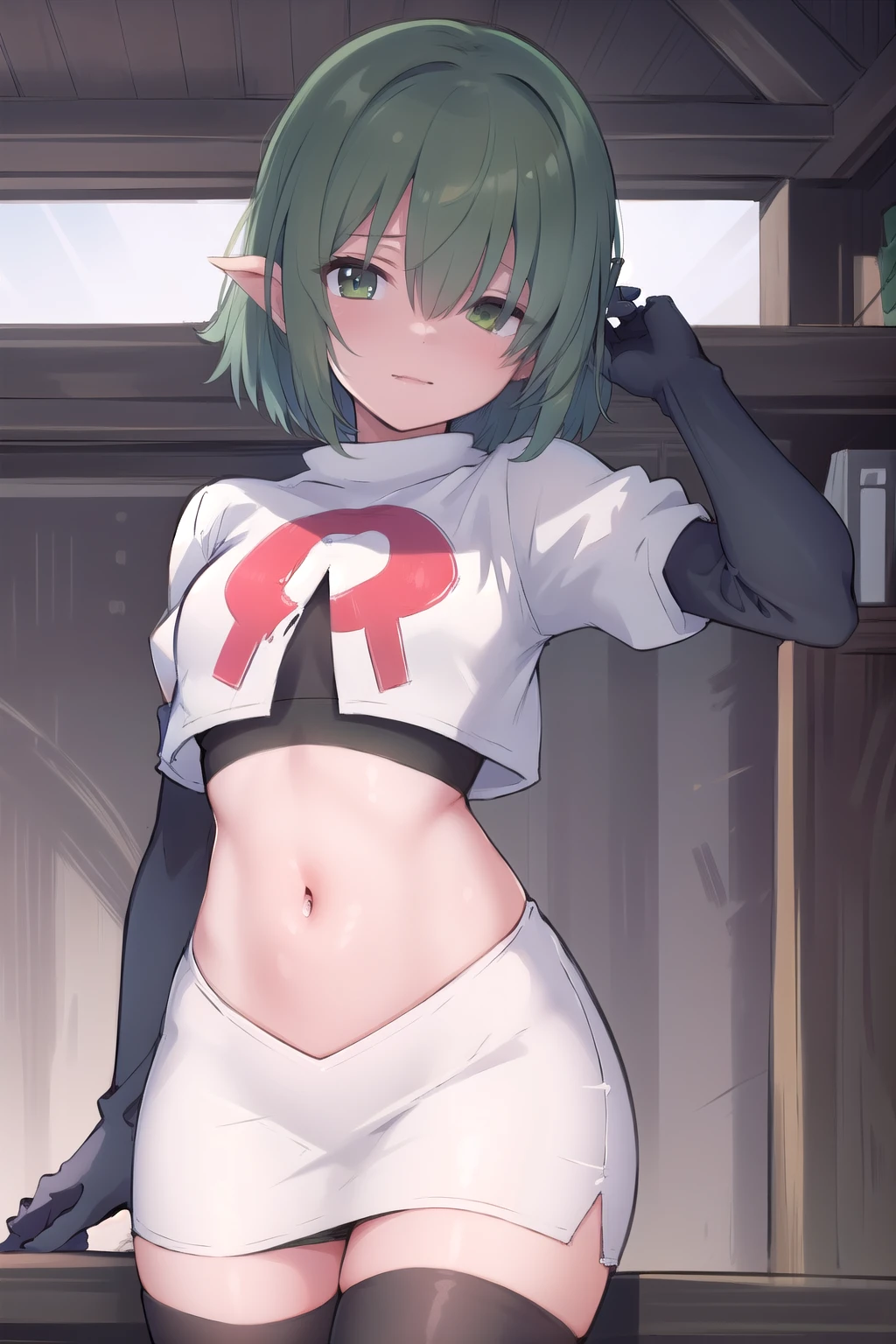 (masterpiece, best quality:1.2),illustration,8k,hd,1girl,solo,green hair,hair over eyes,ribbon,team rocket,team rocket uniform,white skirt,red letter R,crop top,black thigh-highs,black elbow gloves 