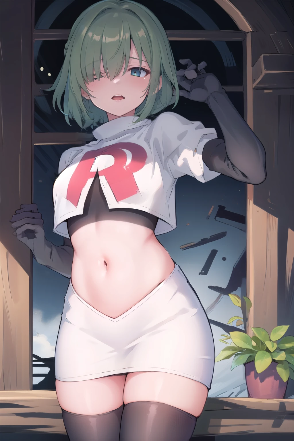 (masterpiece, best quality:1.2),illustration,8k,hd,1girl,solo,green hair,hair over eyes,ribbon,team rocket,team rocket uniform,white skirt,red letter R,crop top,black thigh-highs,black elbow gloves 