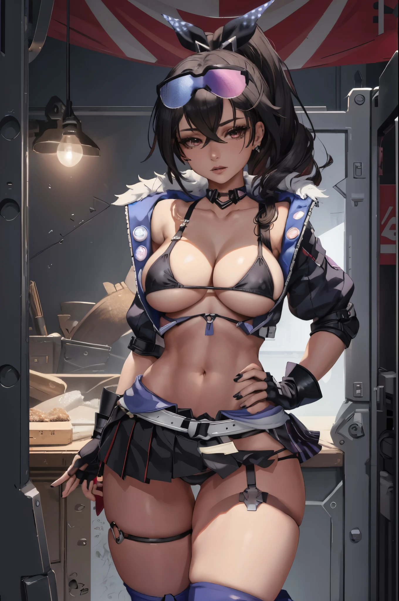 beautiful, (masterpiece:1.2), (best quality:1.2), perfect lighting, perfect eyes, perfect face, 1girl, bikini, bikini under clothes, black bikini, black choker, black gloves, black hair, black lips, black nails, black skirt, breasts, choker, cleavage, cropped jacket, cross, earrings, eyeliner, eyeshadow, fingerless gloves, gloves, hand on hip, highleg, highleg bikini, huge breasts, jacket, jewelry, lips, lipstick, long hair, makeup, microskirt, miniskirt, navel, open clothes, open jacket, red eyes, skirt, sleeves pushed up, solo, standing, striped, striped bikini, striped thighhighs, swimsuit, thighhighs, thighs, underboob