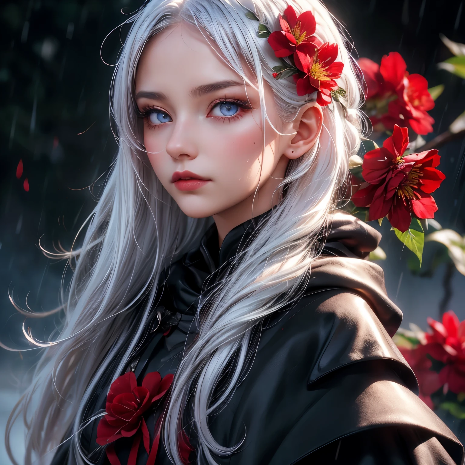 1girl,solo,1girl,solo,((beautiful detailed eyes)), (detailed light),depth of field,(white hair),silver eyes,hair over one eye,(red flower ), hair flower,long hair,black cloak,wet,emotionless,looking back,night,starfall,raining,fog,red flowers falling,sketch,upper body,intense shadows,