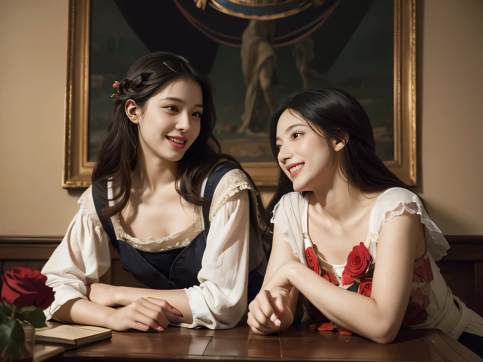 Giorgione painting style,Arguments of two female Philosophe,math、astronomical machine、astronaut、roses in vase、fruits、Cute trinkets、smile、ancient greek costume、Ancient Roman landscape in the style of Nicolas Poussin,laughter,,Sweet and seductive appearance.、Caravaggio's paintings、Chiaroscuro of Caravaggio、hair tousled by the wind,Two women frolicking,cute smile, expression of ecstasy,Sexy,erotic