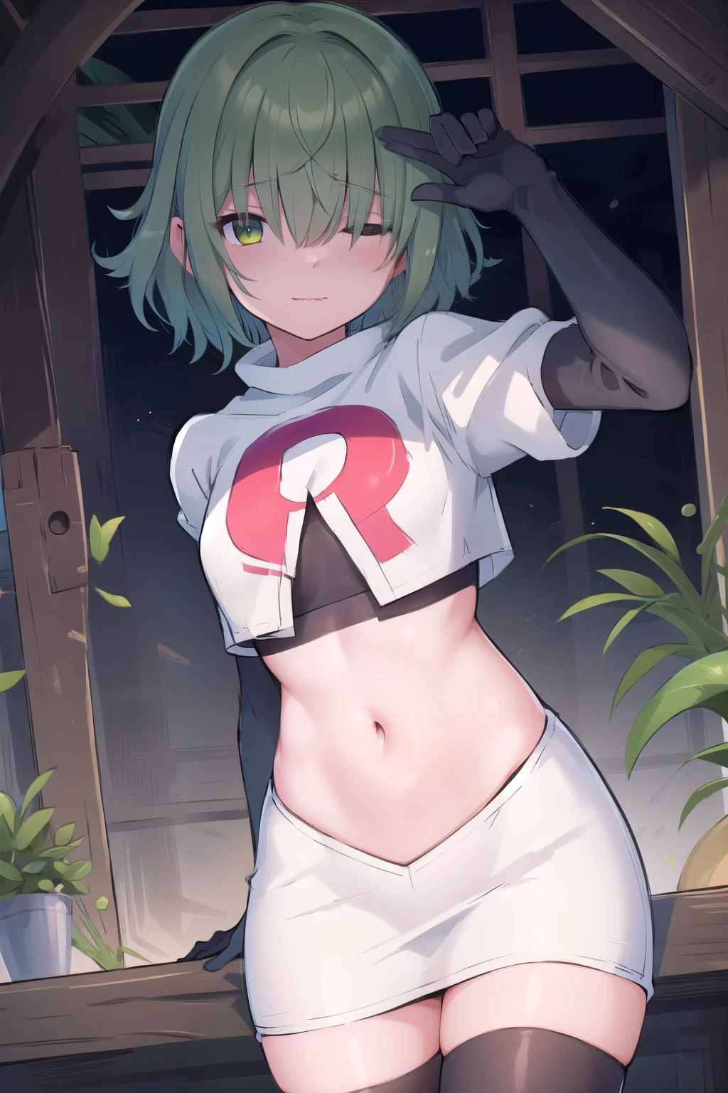 (masterpiece, best quality:1.2),illustration,8k,hd,1girl,solo,green hair,hair over eyes,ribbon,team rocket,team rocket uniform,white skirt,red letter R,crop top,black thigh-highs,black elbow gloves 