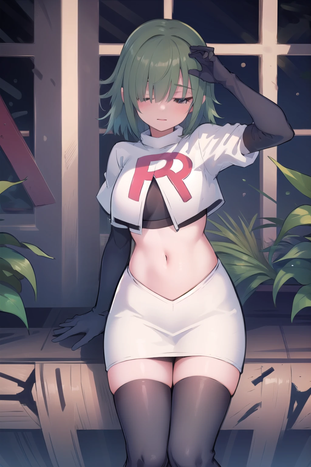 (masterpiece, best quality:1.2),illustration,8k,hd,1girl,solo,green hair,hair over eyes,ribbon,team rocket,team rocket uniform,white skirt,red letter R,crop top,black thigh-highs,black elbow gloves 