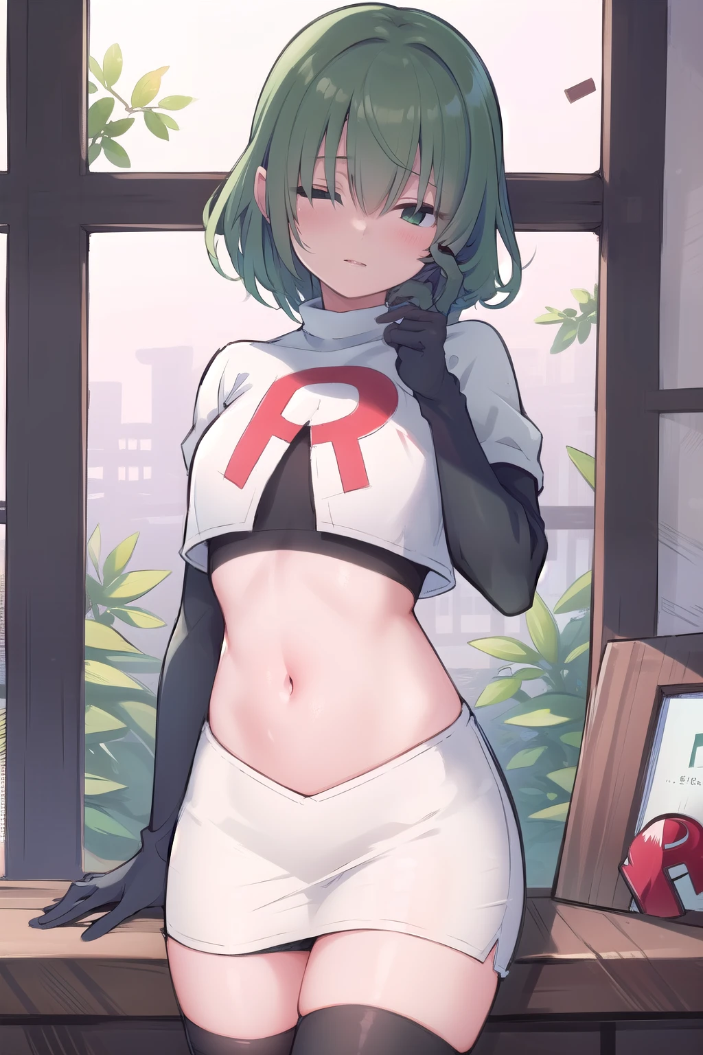 (masterpiece, best quality:1.2),illustration,8k,hd,1girl,solo,green hair,hair over eyes,ribbon,team rocket,team rocket uniform,white skirt,red letter R,crop top,black thigh-highs,black elbow gloves 