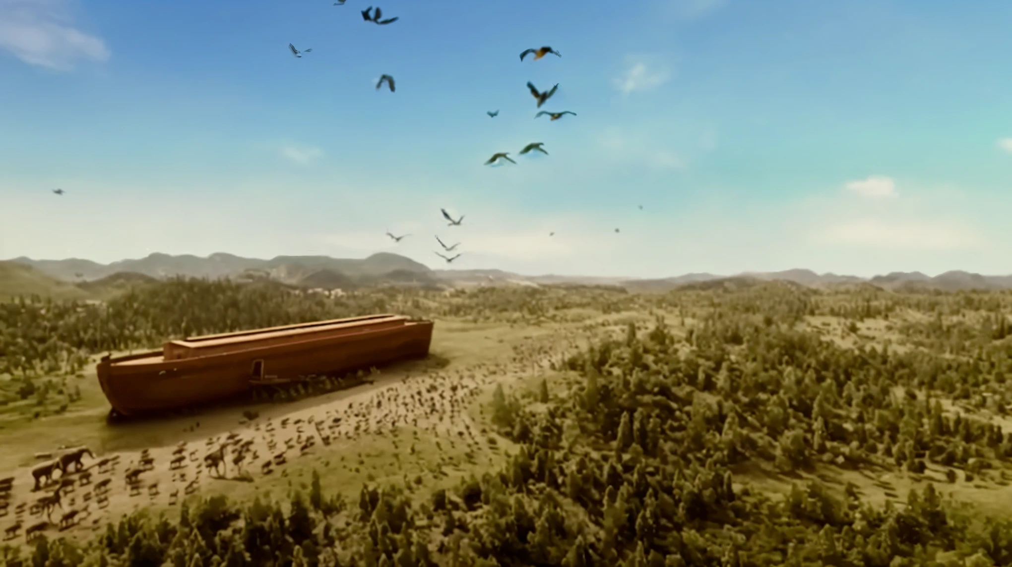 a close-up of a boat in a field with birds flying, um trem em Red Dead Redemption 2, birds flying away from the explosion, foto de efeitos visuais, with pterossauros voando, still from the nature documentary, still from a nature documentary, birds flying in the distance, Tiro distante Birds Eye View, epic foto de efeitos visuais, pterossauros voando, efeitos visuais impressionantes