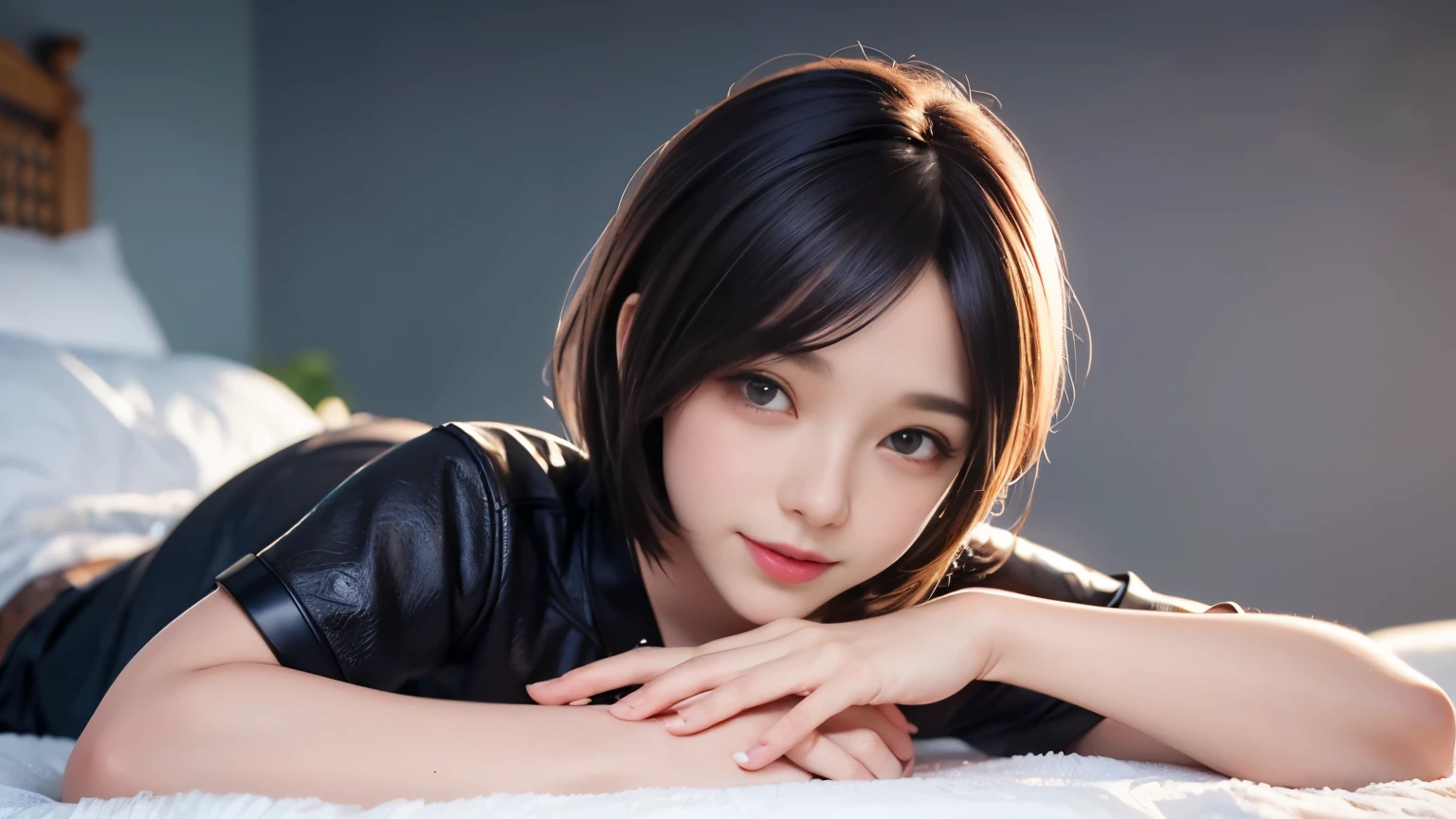 1 photo、((highest quality)), ((masterpiece)), (be familiar with: 1.4), 3D, HDR (high dynamic range), ray tracing, NVIDIA RTX, super resolution, unreal 5, scattered below the surface, PBR texture, Post-processing, anisotropic filtering, written boundary depth, maximum sharpness and sharpness, multilayer texture, Albedo and highlight mapping, surface coloring, Accurate simulation of honey-material interactions, perfect proportions, octane rendering, Large Diameter, Low ISO, White balance, Usually 3 o&#39;clock, 8,000 students, Beautiful and bright pupils, delicate face and eyes, long eyelashes, short bob hair, straight hair、brown hair、pink lips, Pure, cute, sweet girl, smile、cleavage、18-year-old、bedに寝ている、bed、smile、cleavage