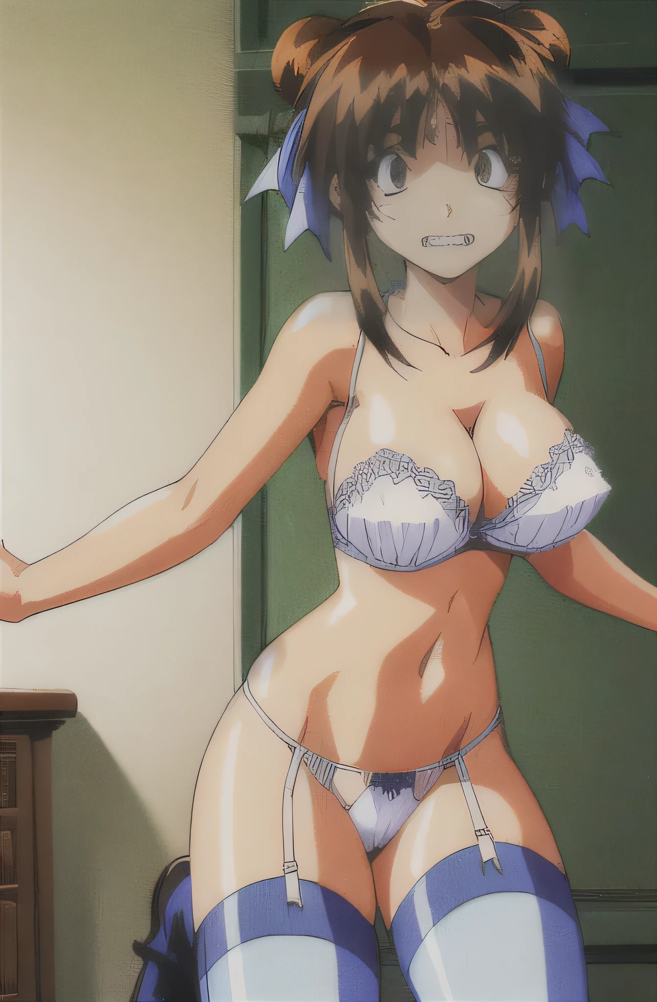 look, 1 girl, alone,bed, hair ribbon, In underwear,white ruffle bra,white panties, clock, garter strap, Thighhighs, teeth, closed one eye, open your mouth, 1990s (style), cleavage, 視聴者をlookいる, jump,whole body,, retro artstyle, troubled face,