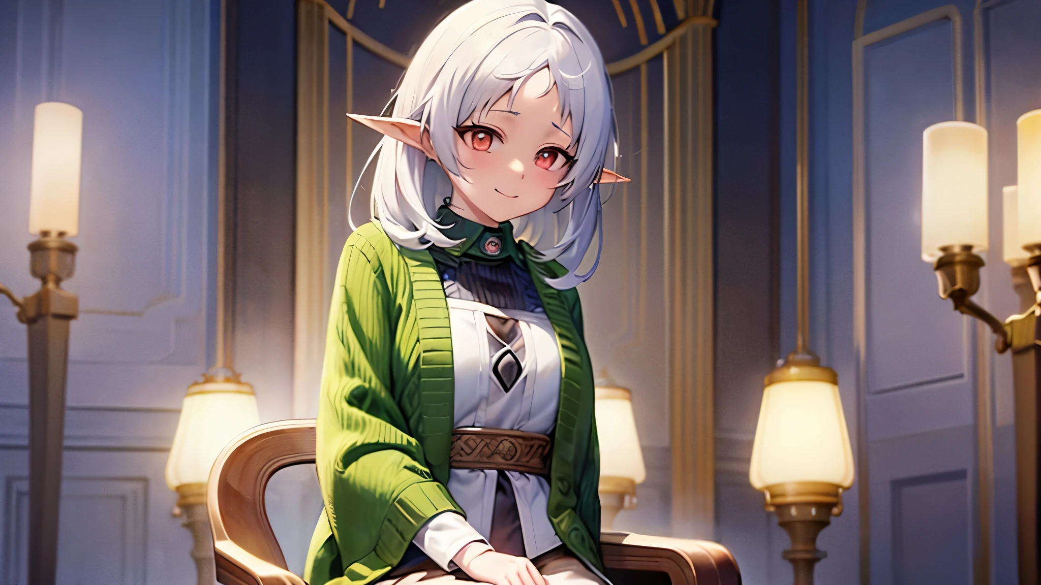 a cute character with a shy smile named Sylphie with elf-like ears and white short hair, the eyes are red colored with black pupils. The character is wearing a white long-sleeve shirt and a brown skirt, is sitted on a chair amidst a serene and beautifully illuminated room while she holds an elf baby with light brown hair, inside blankets on her arms. Mushoku Tensei. anime style masterpiece. Ultra HD. Super Details. Best Quality