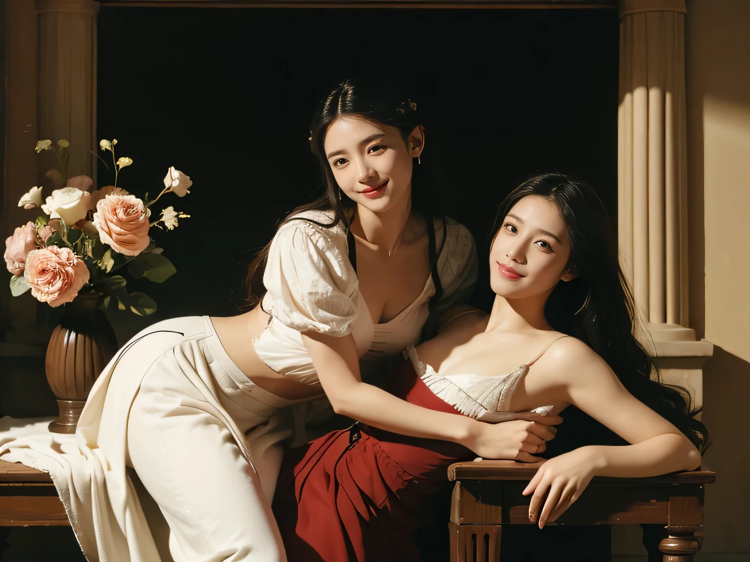 Giorgione painting style,Arguments of two female Philosophe,math、astronomical machine、astronaut、roses in vase、fruits、Cute trinkets、smile、ancient greek costume、Ancient Roman landscape in the style of Nicolas Poussin,laughter,,Sweet and seductive appearance.、Caravaggio's paintings、Chiaroscuro of Caravaggio、hair tousled by the wind,Two women frolicking,cute smile, expression of ecstasy,Sexy,erotic