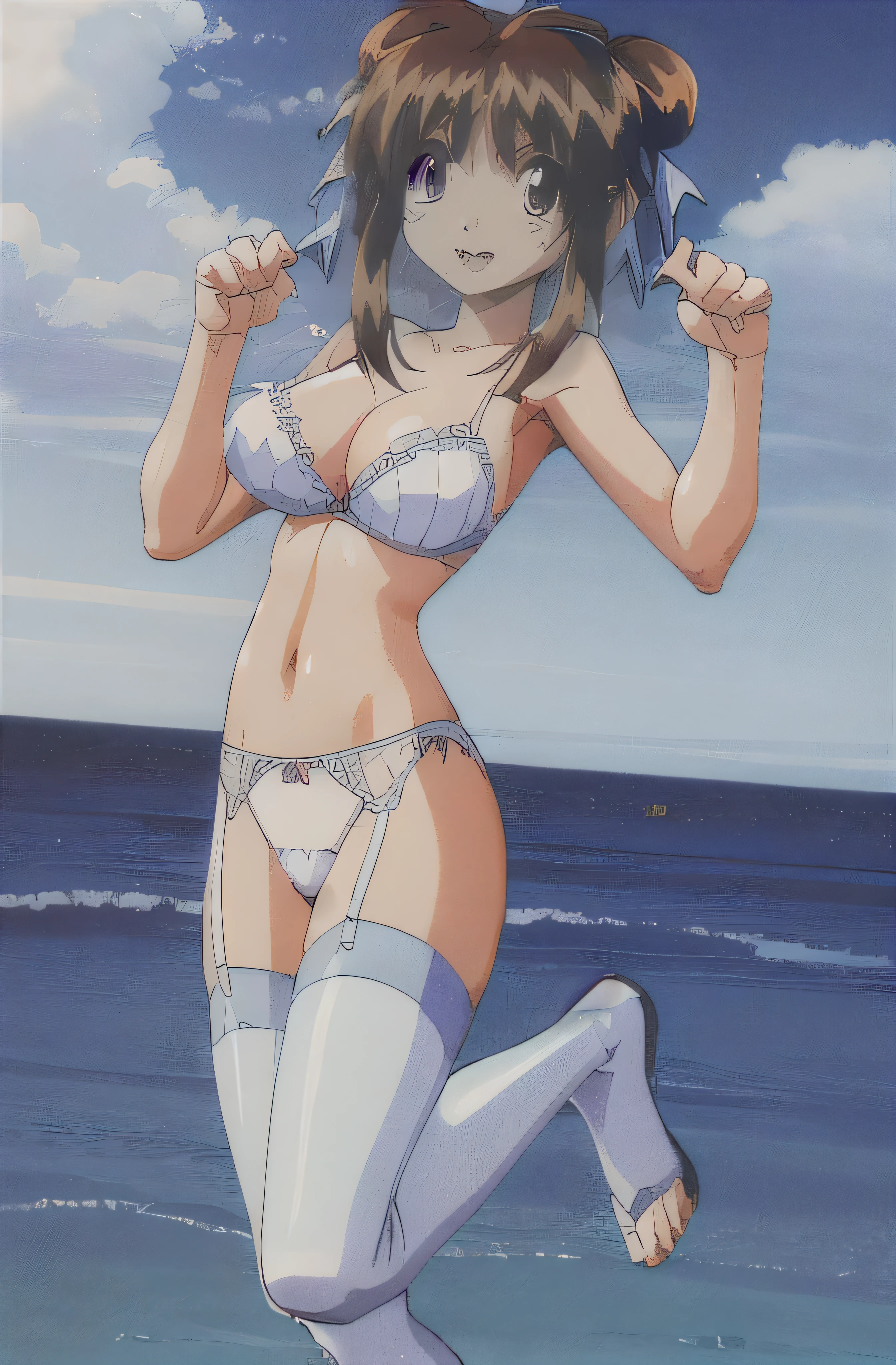 look, 1 girl, alone,Ocean, hair ribbon, In underwear,white ruffle bra,white panties, clock, garter strap, Thighhighs, teeth, closed one eye, open your mouth, 1990s (style), cleavage, 視聴者をlookいる, jump,whole body,, retro artstyle, troubled face,