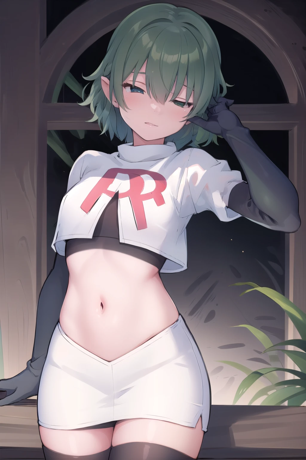 (masterpiece, best quality:1.2),illustration,8k,hd,1girl,solo,green hair,hair over eyes,ribbon,team rocket,team rocket uniform,white skirt,red letter R,crop top,black thigh-highs,black elbow gloves 