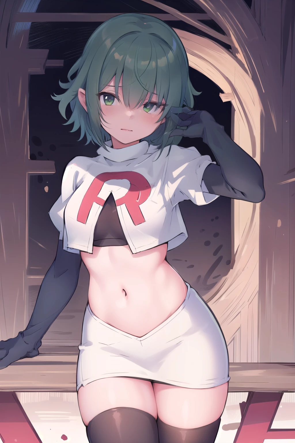 (masterpiece, best quality:1.2),illustration,8k,hd,1girl,solo,green hair,hair over eyes,ribbon,team rocket,team rocket uniform,white skirt,red letter R,crop top,black thigh-highs,black elbow gloves 