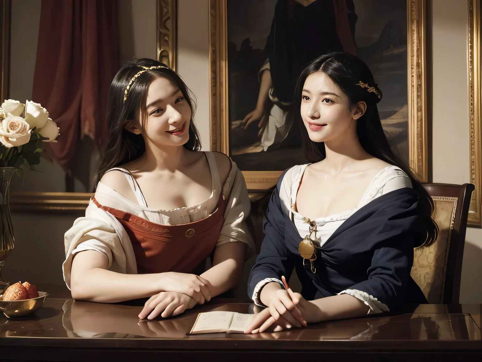 Giorgione painting style,Arguments of two female Philosophe,math、astronomical machine、astronaut、roses in vase、fruits、Cute trinkets、smile、ancient greek costume、Ancient Roman landscape in the style of Nicolas Poussin,laughter,,Sweet and seductive appearance.、Caravaggio's paintings、Chiaroscuro of Caravaggio、hair tousled by the wind,Two women frolicking,cute smile, expression of ecstasy,Sexy,erotic